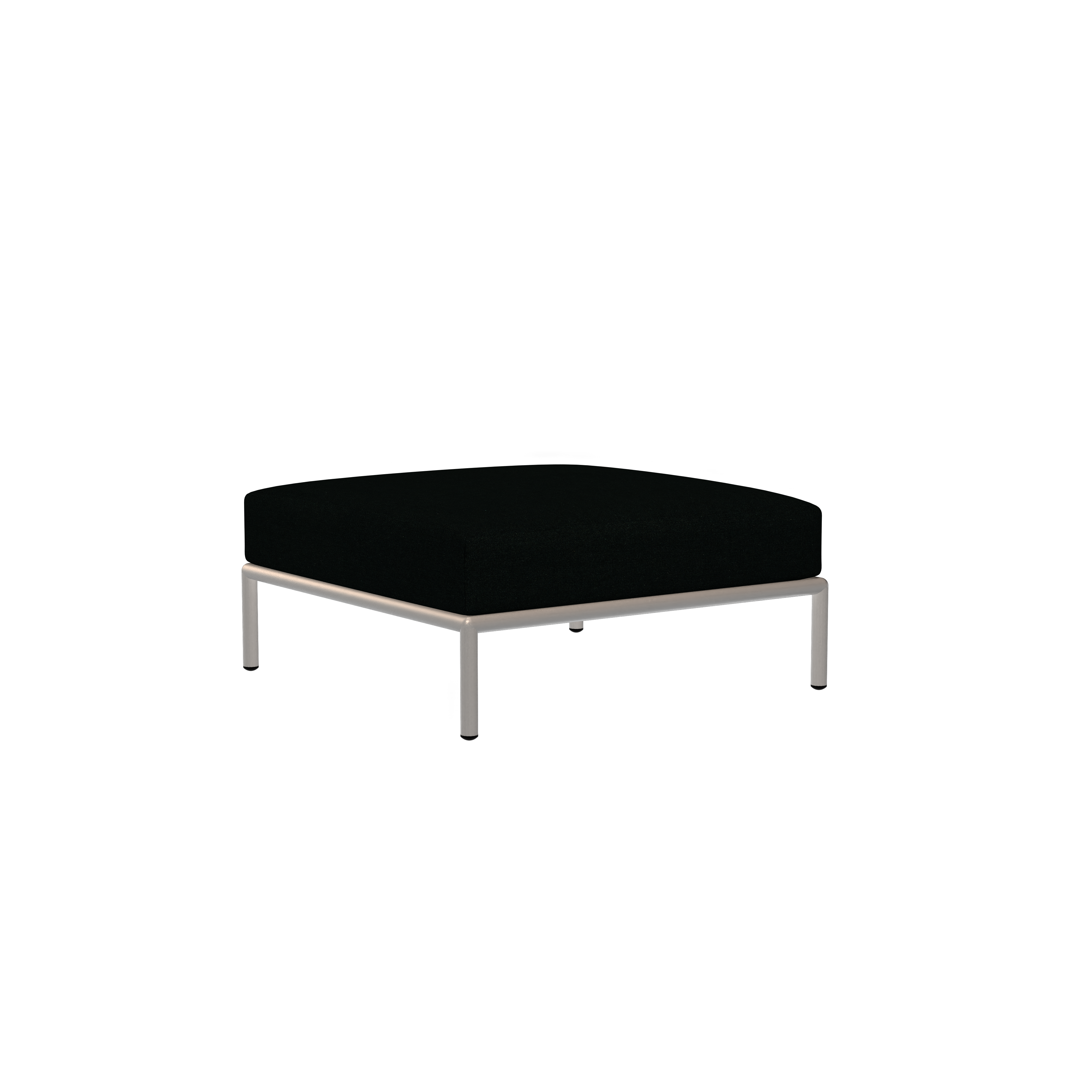 The Houe Level Ottoman features a minimalist, square design with a black cushion made from water-repellent fabric and sleek metallic legs, set against a solid black background.