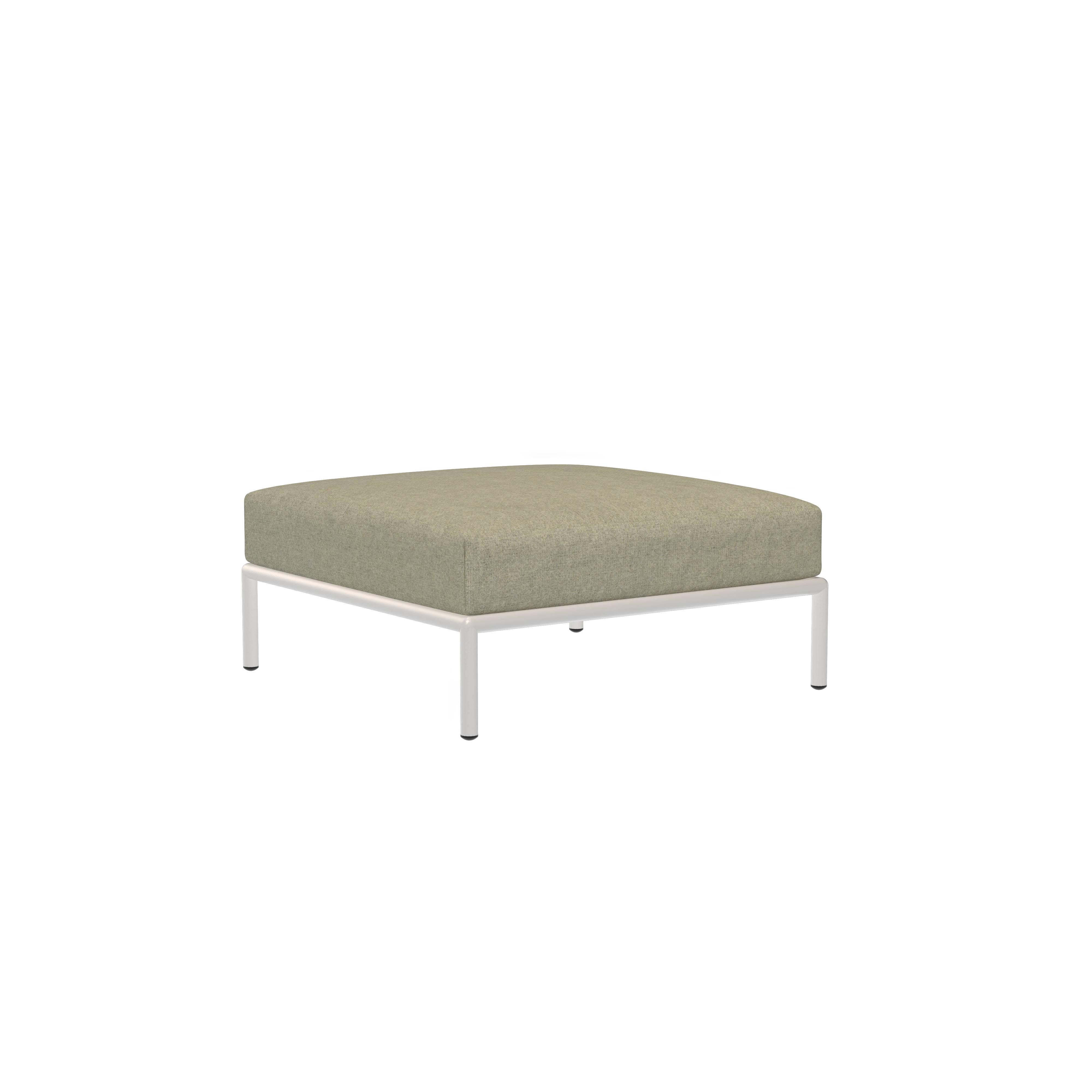 The Houe Level Ottoman is a square, minimalist piece featuring a light beige cushioned top made from water-repellent fabric. It has a sleek white metal frame crafted from powder-coated aluminum, contrasting against a black backdrop.
