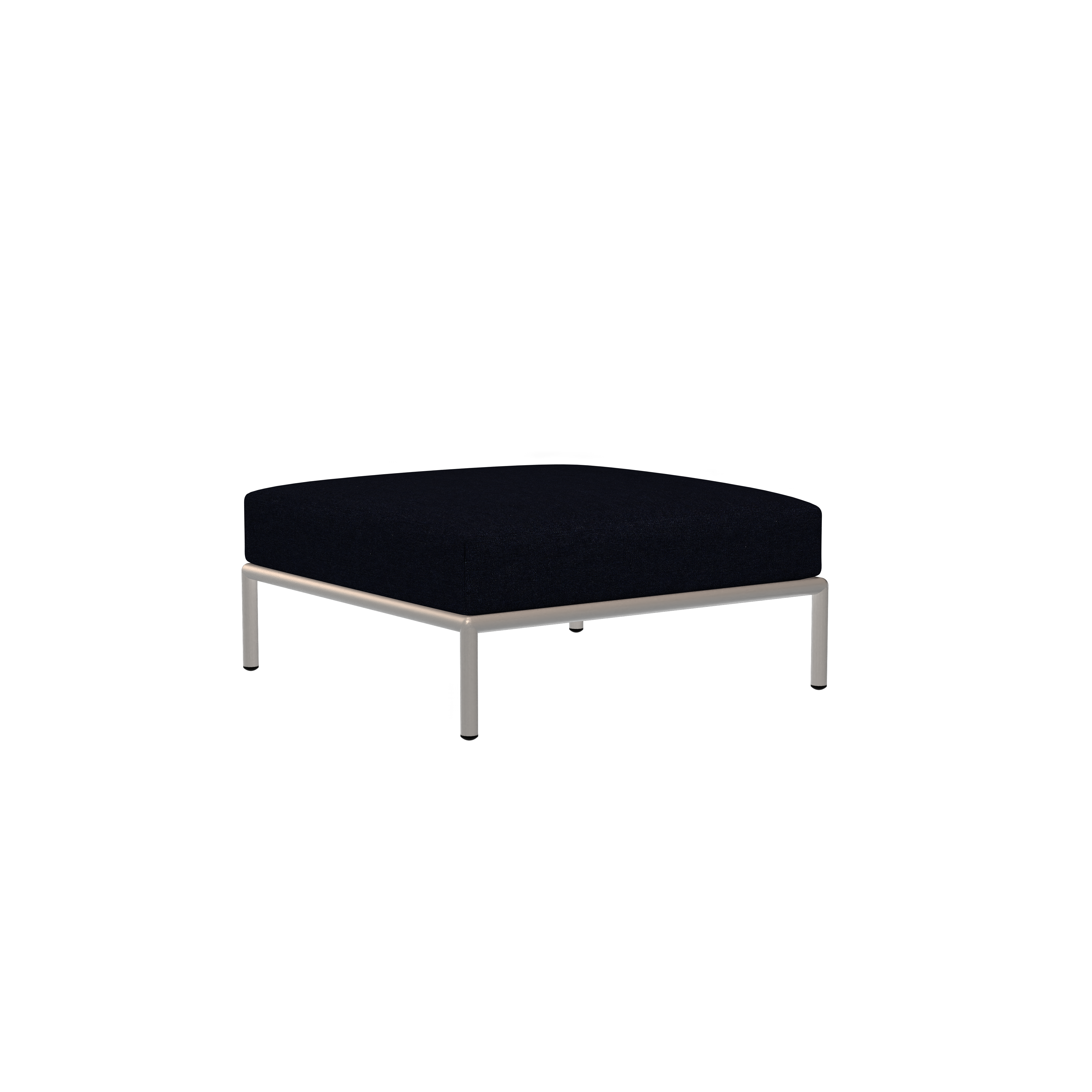 The Houe Level Ottoman showcases modern elegance with its minimalist design, featuring a black square seat and a sleek powder-coated aluminum frame against a black backdrop.