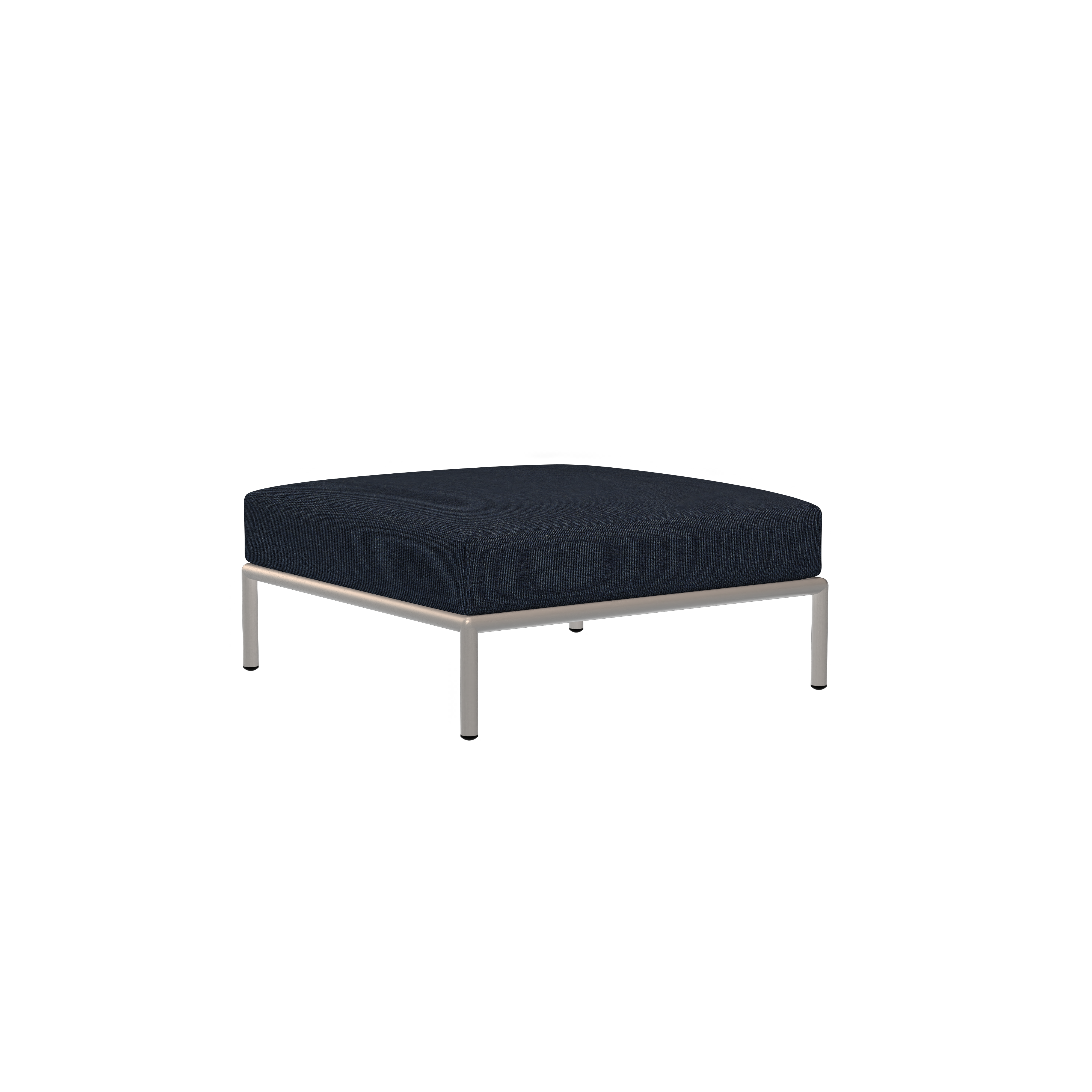 The Level Ottoman by Houe is a minimalist, dark gray, square piece featuring water-repellent fabric and a simple silver metal frame, showcased against a plain black background.