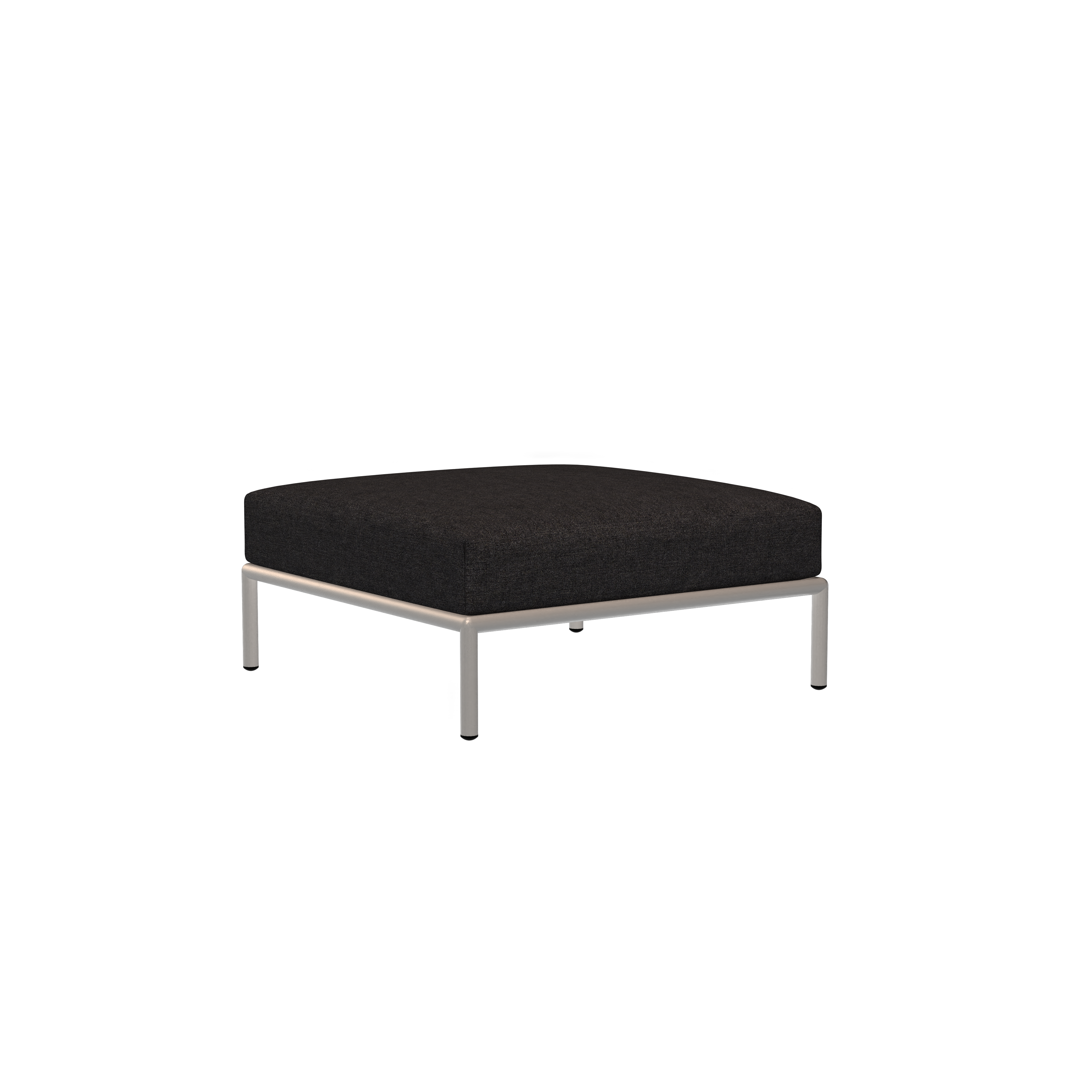 The Level Ottoman by Houe is a modern piece featuring a square design with dark fabric cushions and sleek metal legs made from powder-coated aluminum, all set against a solid black backdrop.