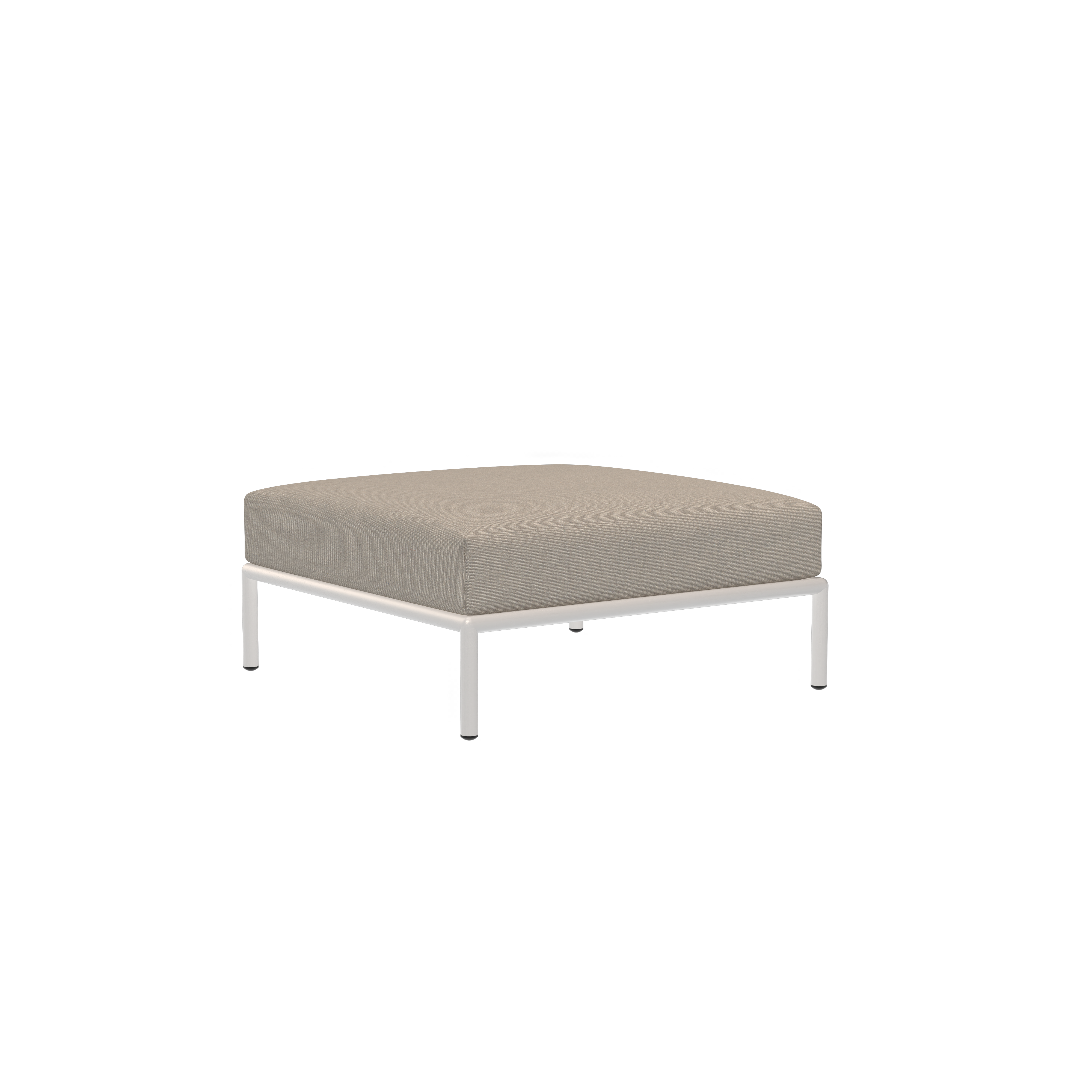 The Houe Level Ottoman features a modern design with a beige cushioned top crafted from water-repellent fabric and sleek white metal legs, presented against a solid black background.