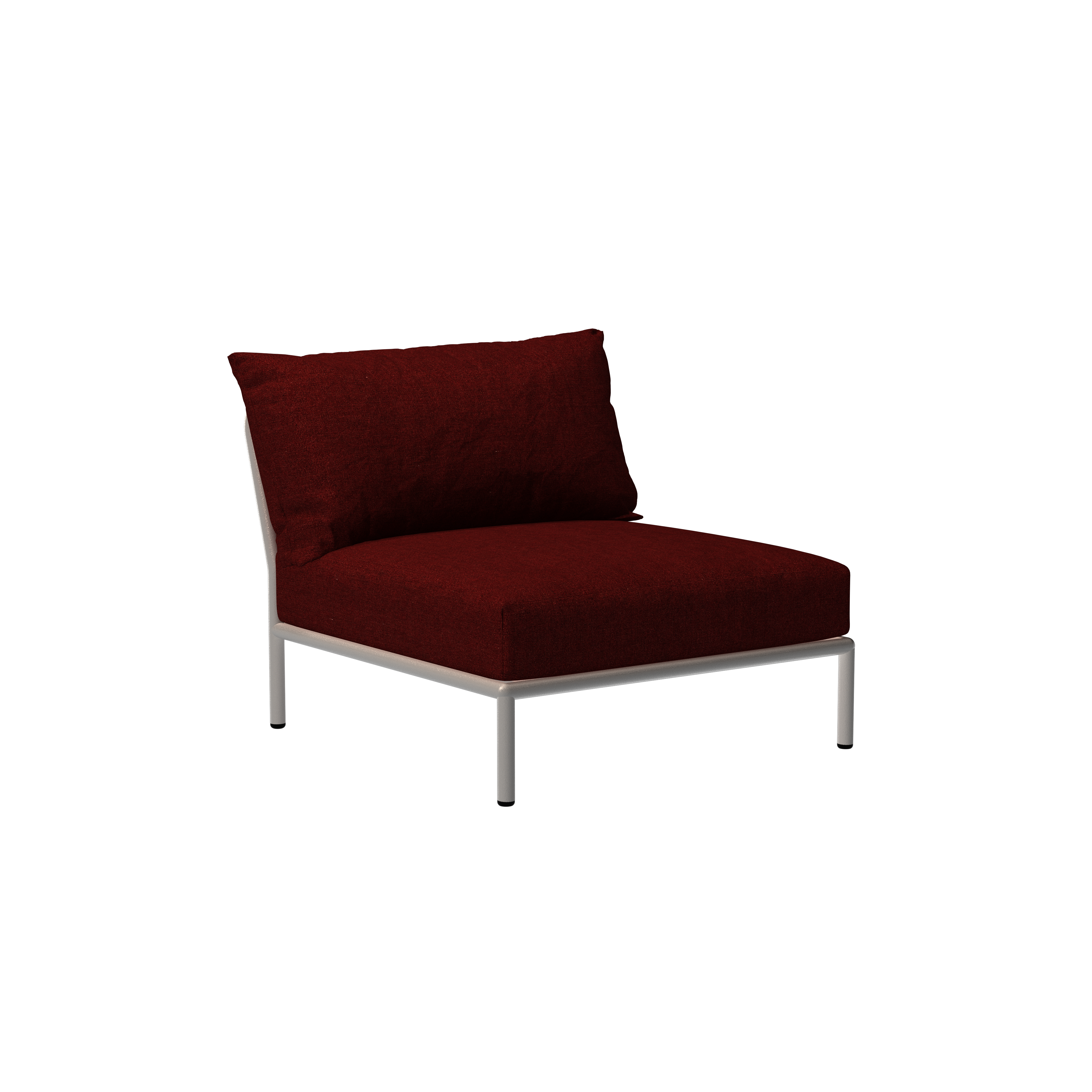 The Level Lounge Chair by Houe showcases a minimalist design with a white powder-coated aluminum frame and deep burgundy cushion. Its geometric shape contrasts elegantly against a solid black background, combining elegance and durability.