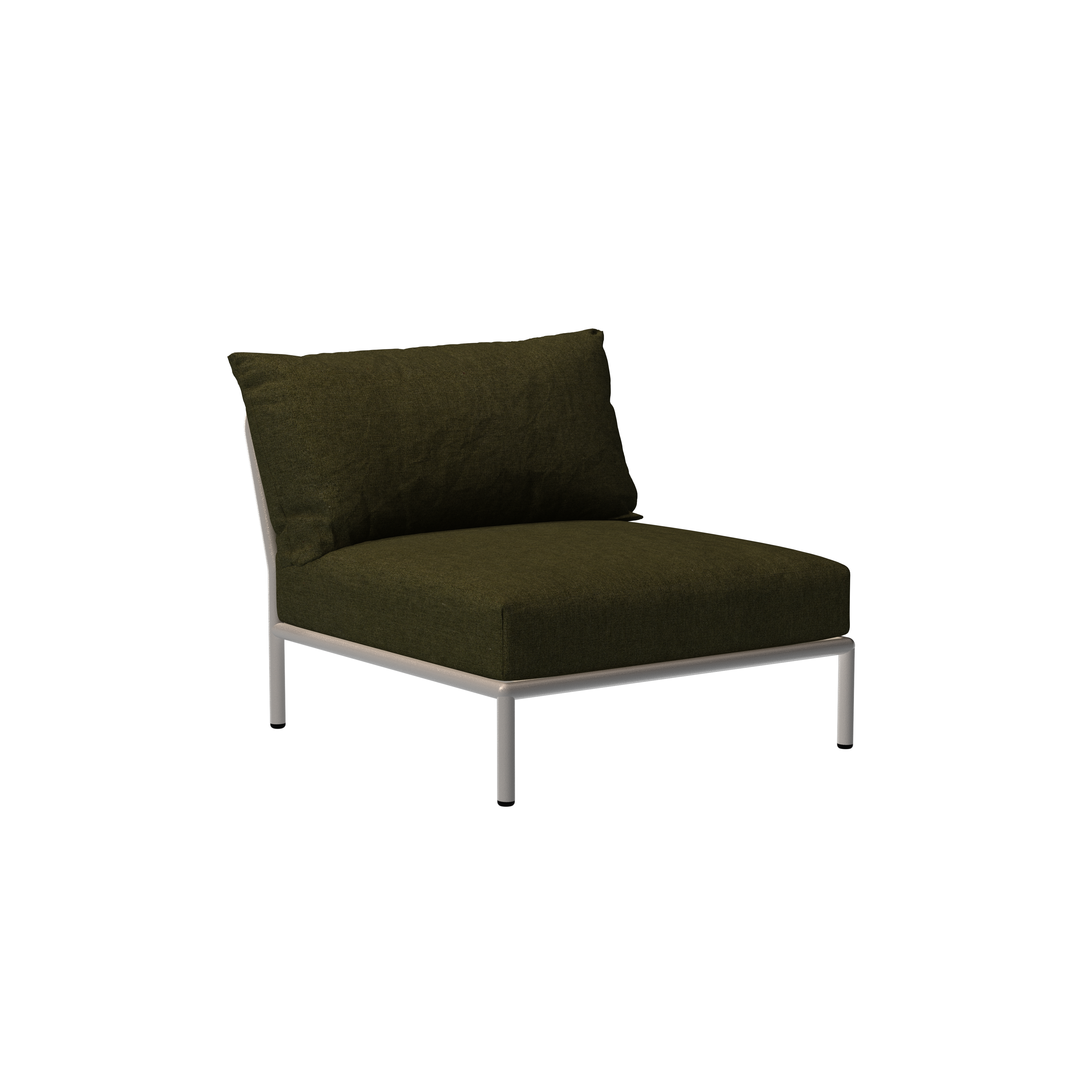 The Level Lounge Chair by Houe is a modern piece with a minimalist design. It features a dark green Sunbrella fabric cushion and backrest, complemented by a sleek, silver powder-coated aluminum frame.