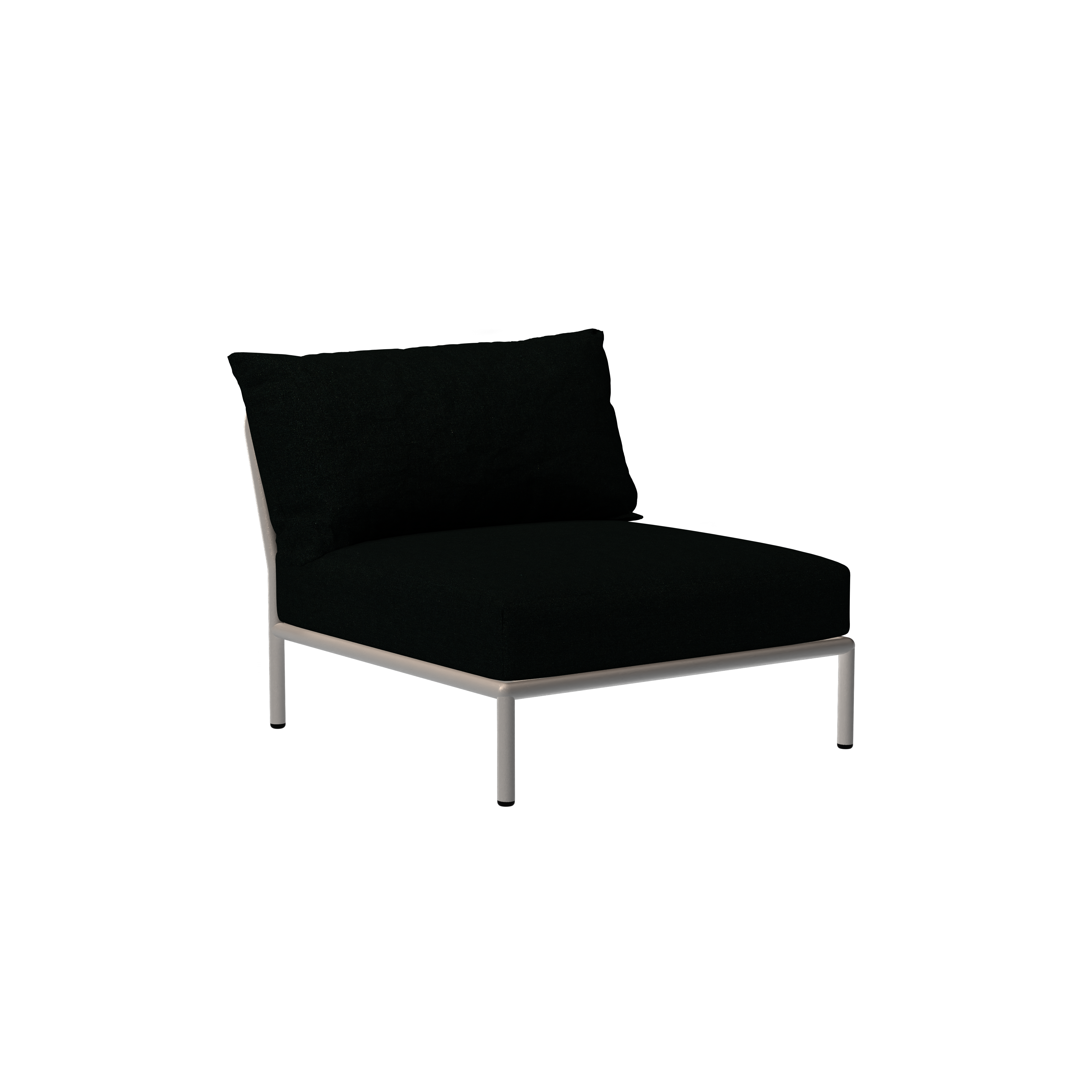 The Level Lounge Chair by Houe boasts a modern minimalist design with a solid black look, featuring a powder-coated aluminum frame and plush Sunbrella fabric cushion.