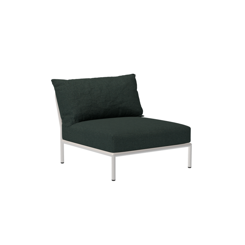 The Level Lounge Chair by Houe boasts a modern minimalist design with a solid black look, featuring a powder-coated aluminum frame and plush Sunbrella fabric cushion.