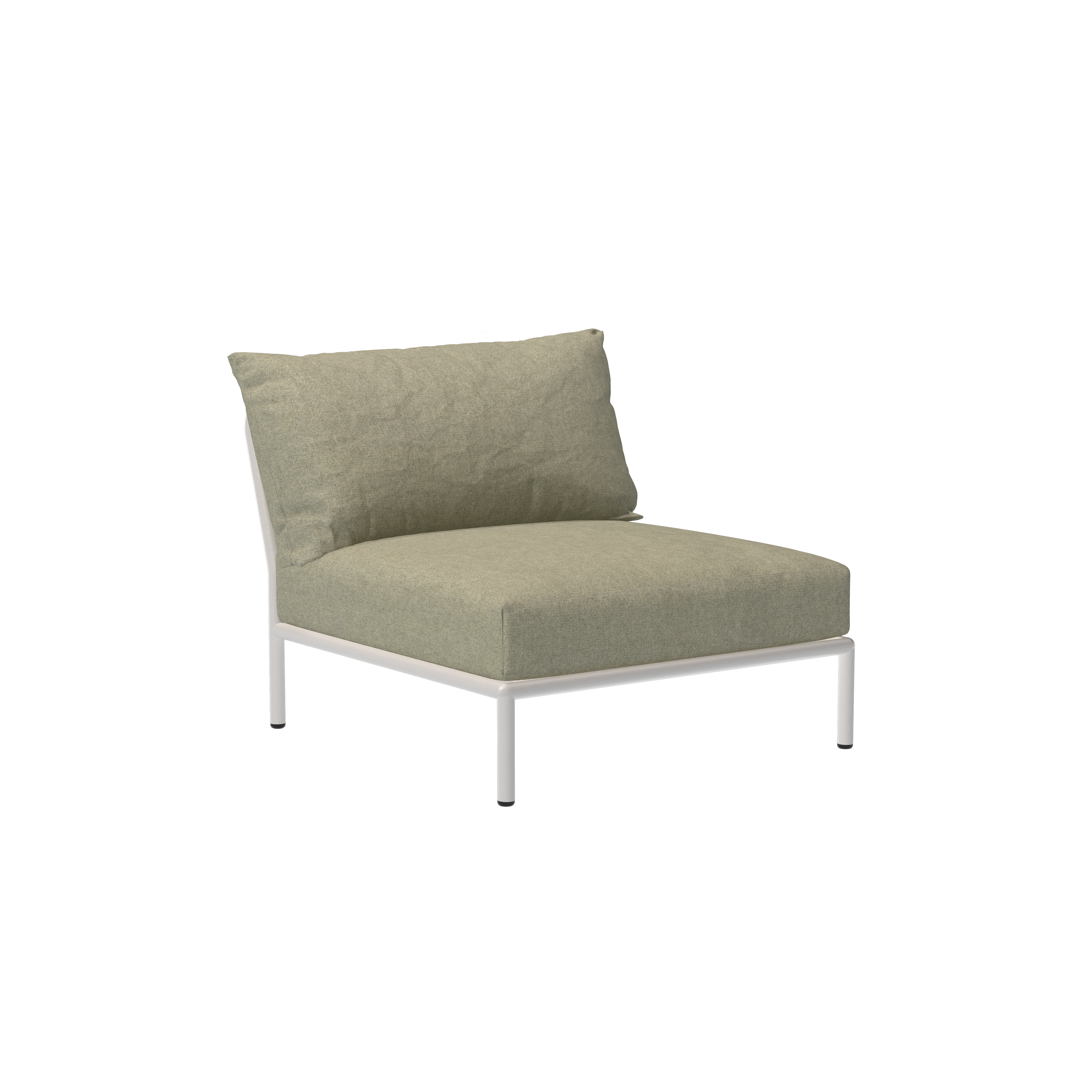 The Level Lounge Chair by Houe presents a sleek, minimalist design with an olive-green cushioned seat and backrest crafted from durable Sunbrella fabric. Its supported by a slim, powder-coated aluminum frame, elegantly set against a solid black background.