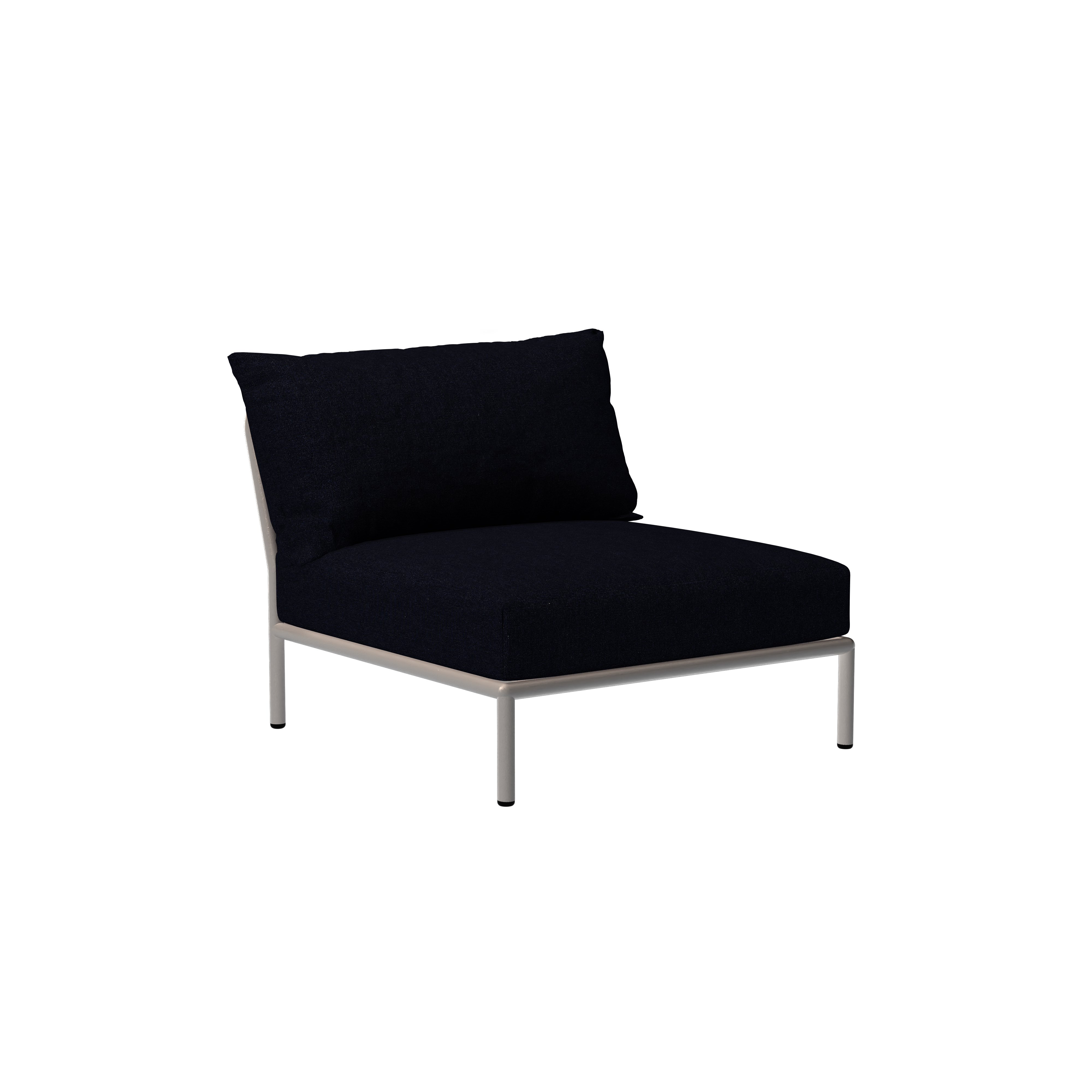 The Level Lounge Chair by Houe is a modern, armless design featuring a black Sunbrella cushion and backrest on a sleek silver metal frame. Set against a dark background, it highlights its minimalist style reminiscent of Houes LEVEL modules.