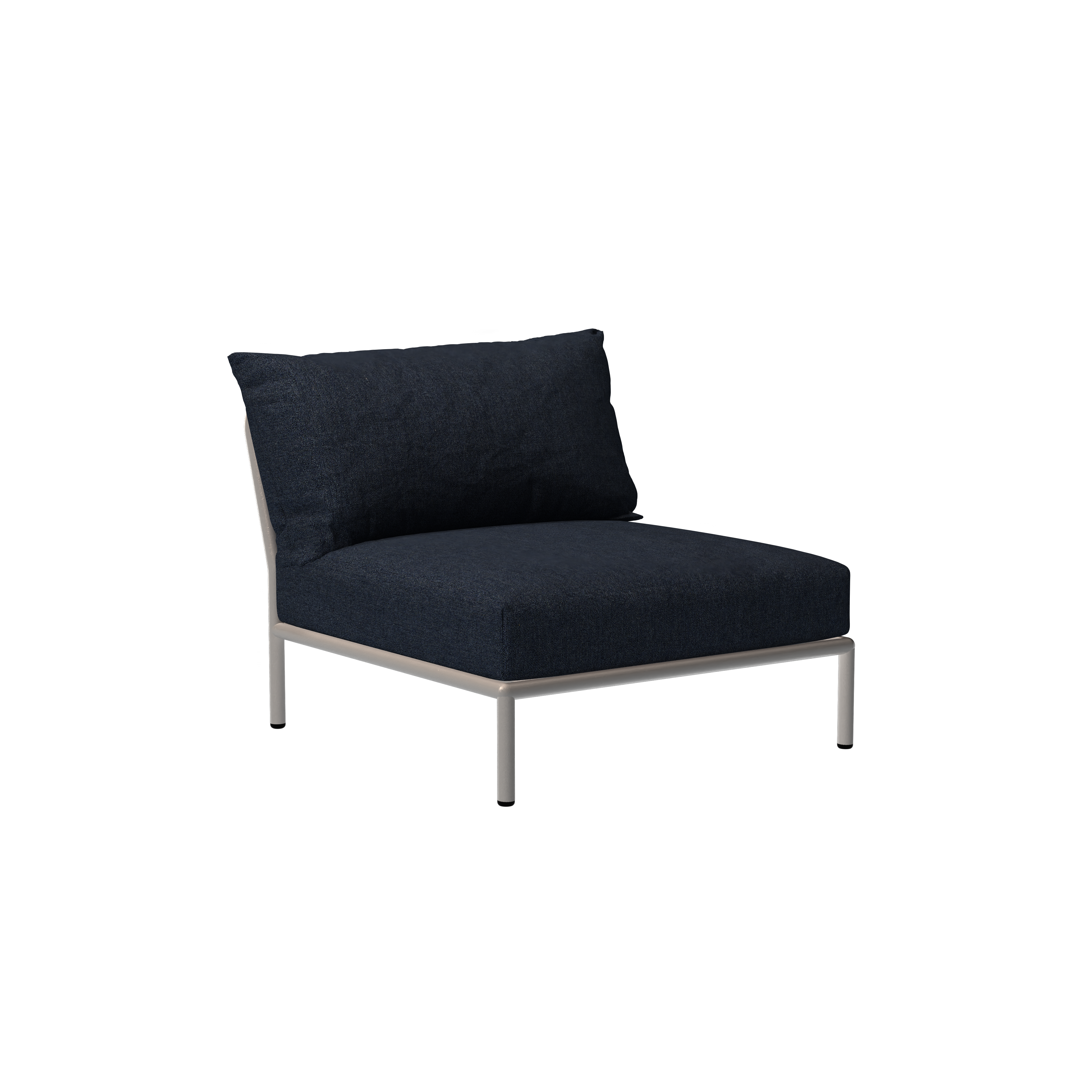 The Level Lounge Chair by Houe features a minimalist design with dark blue Sunbrella fabric cushioning on a sleek, powder-coated aluminum frame, providing an elegant look against a plain black background.
