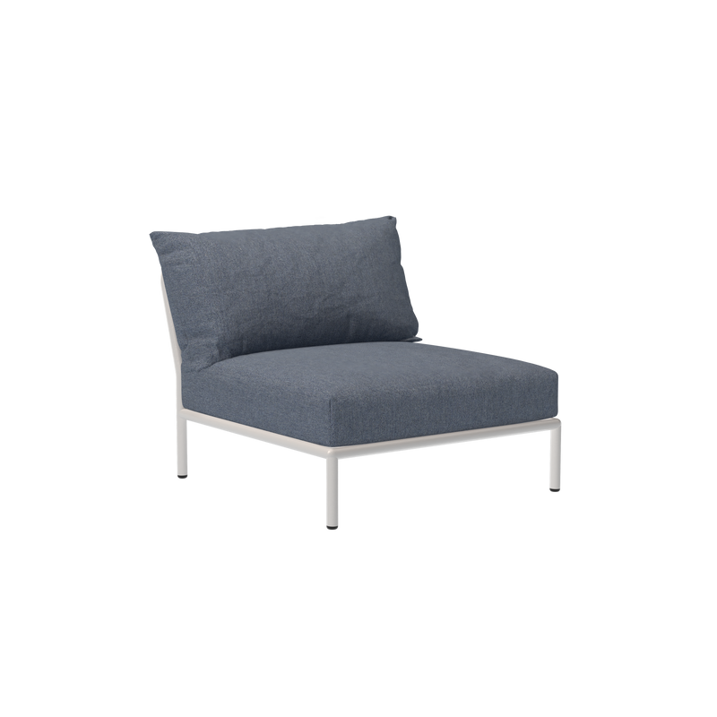 The Level Lounge Chair by Houe features a minimalist design with dark blue Sunbrella fabric cushioning on a sleek, powder-coated aluminum frame, providing an elegant look against a plain black background.