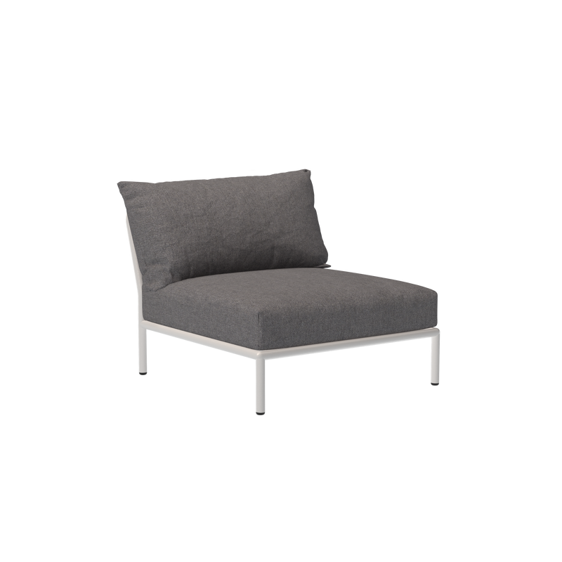 The Houe Level Lounge Chair showcases a modern, minimalist design with a black Sunbrella cushion and backrest on a sleek powder-coated aluminum frame, set against a plain black background.