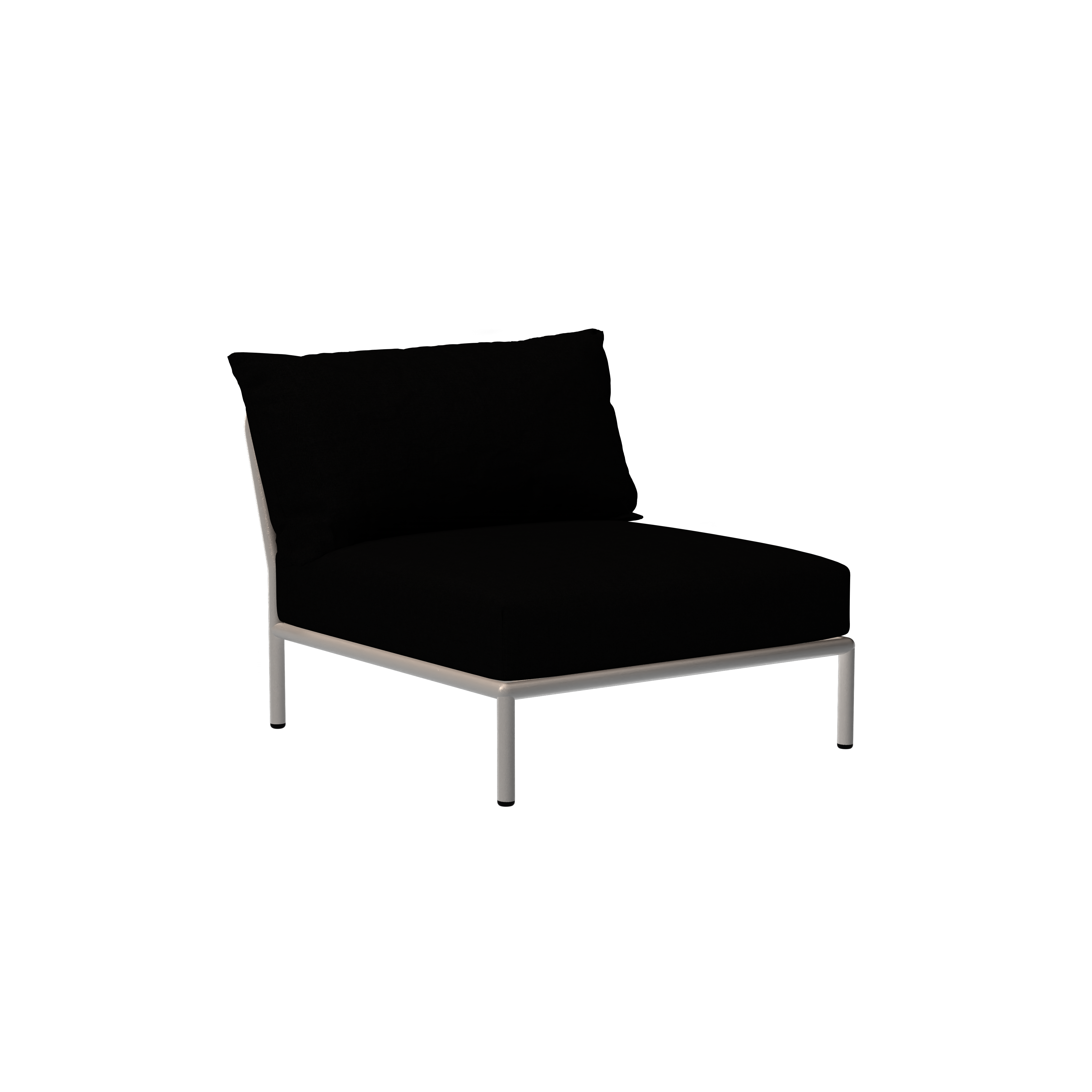The Level Lounge Chair by Houe boasts a minimalist design with a black cushioned seat and backrest. Its sleek, white powder-coated aluminum frame and legs contrast elegantly with the plain black background, exuding sophistication and style.