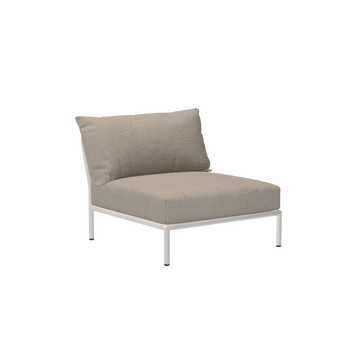 The Level Lounge Chair by Houe features a modern armless design with a powder-coated aluminum frame, beige cushions upholstered in soft fabric, and fits contemporary interiors on a sleek black background.