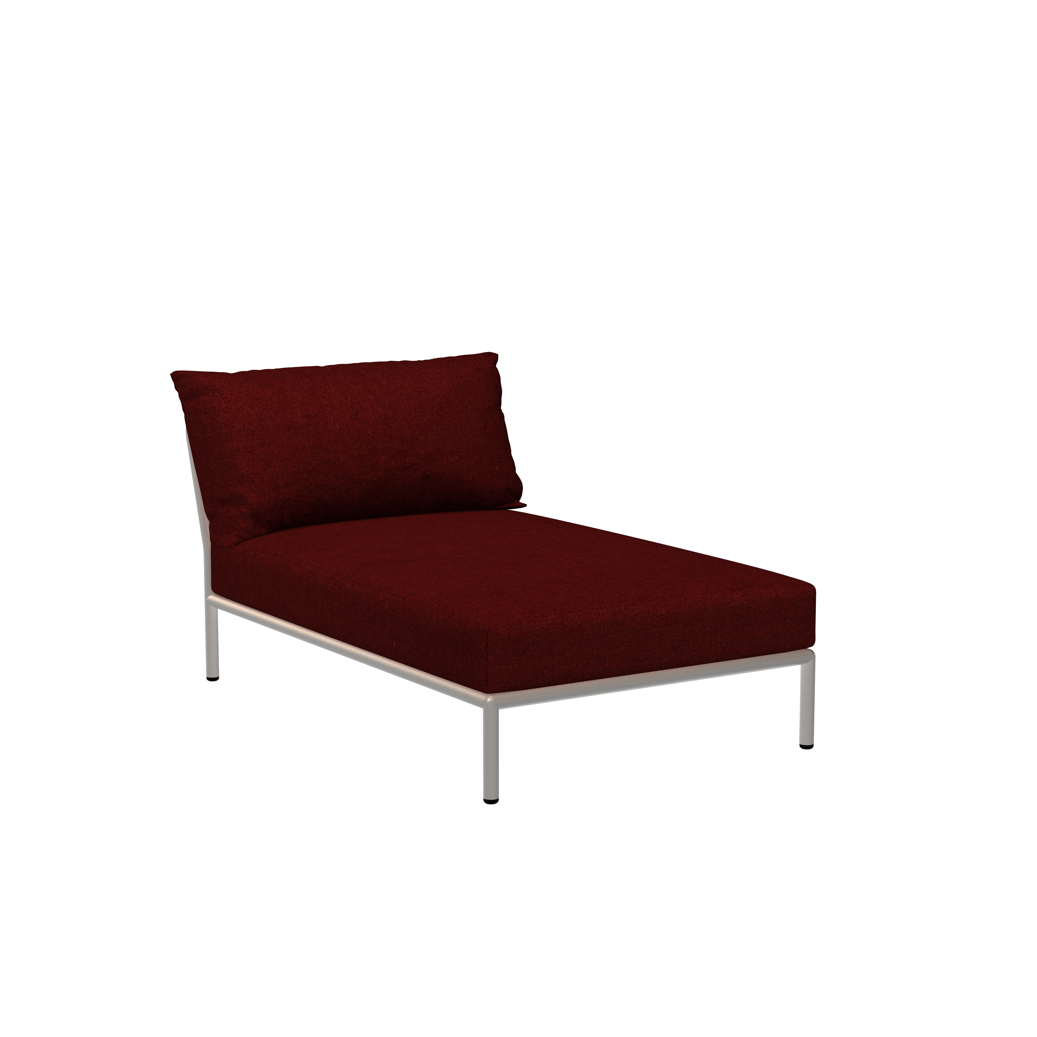 The Level Chaiselongue by Houe features a modern red design with a silver metal frame, set against a black background. Made from durable Sunbrella fabric, it offers a cushioned seat and backrest for enhanced comfort, combining both style and practicality.
