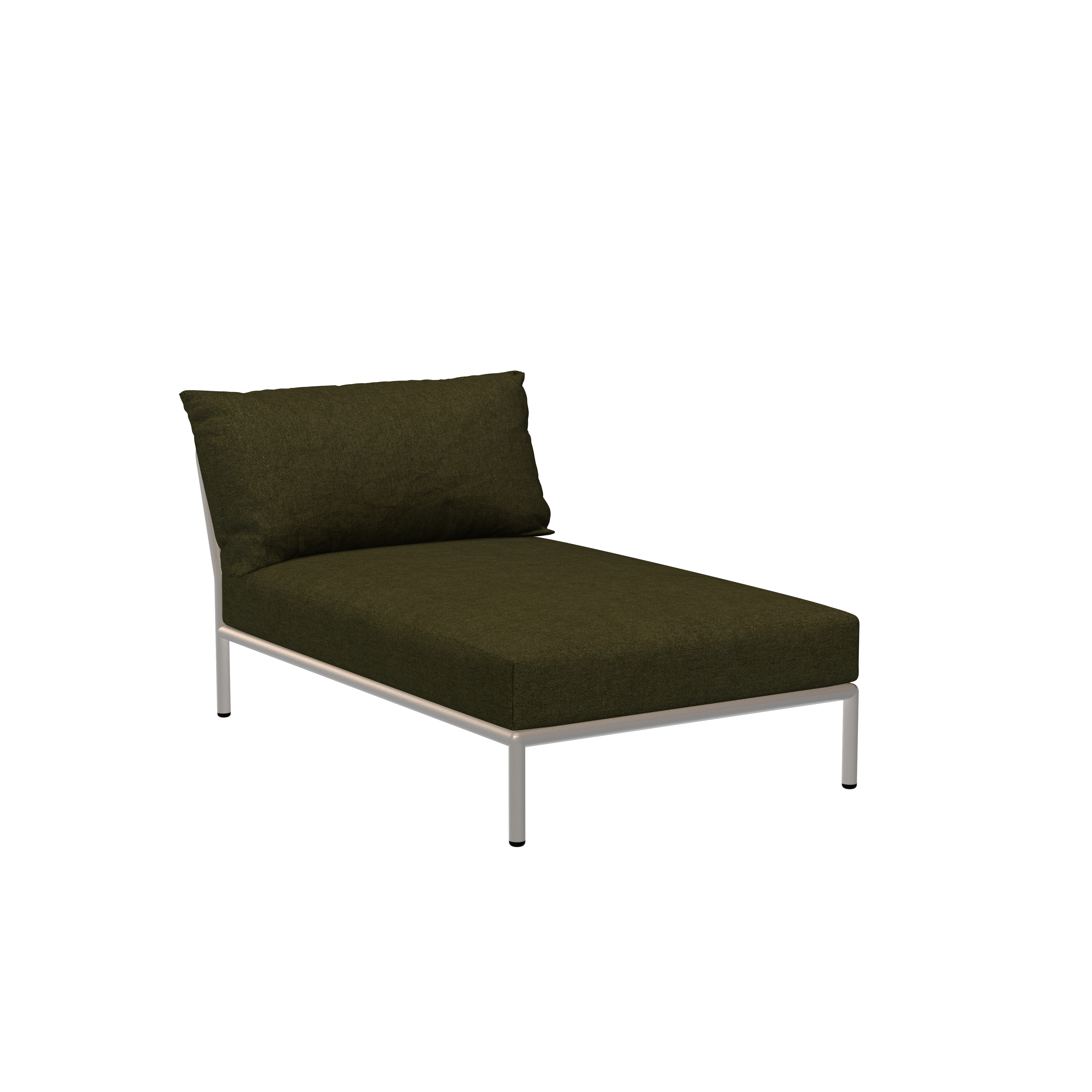 The Level Chaiselongue by Houe features an olive green Sunbrella fabric cushion on a minimalist white powder-coated aluminum frame. It includes a reclining backrest without armrests, all set against a plain black background.