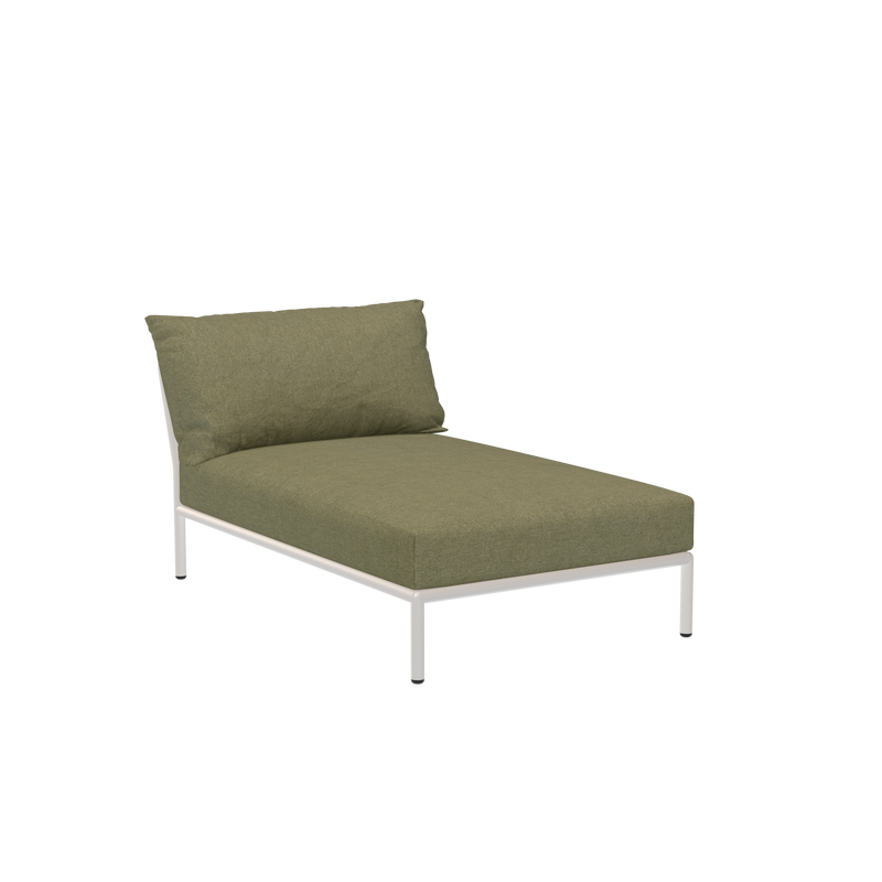 The Level Chaiselongue by Houe features an olive green Sunbrella fabric cushion on a minimalist white powder-coated aluminum frame. It includes a reclining backrest without armrests, all set against a plain black background.