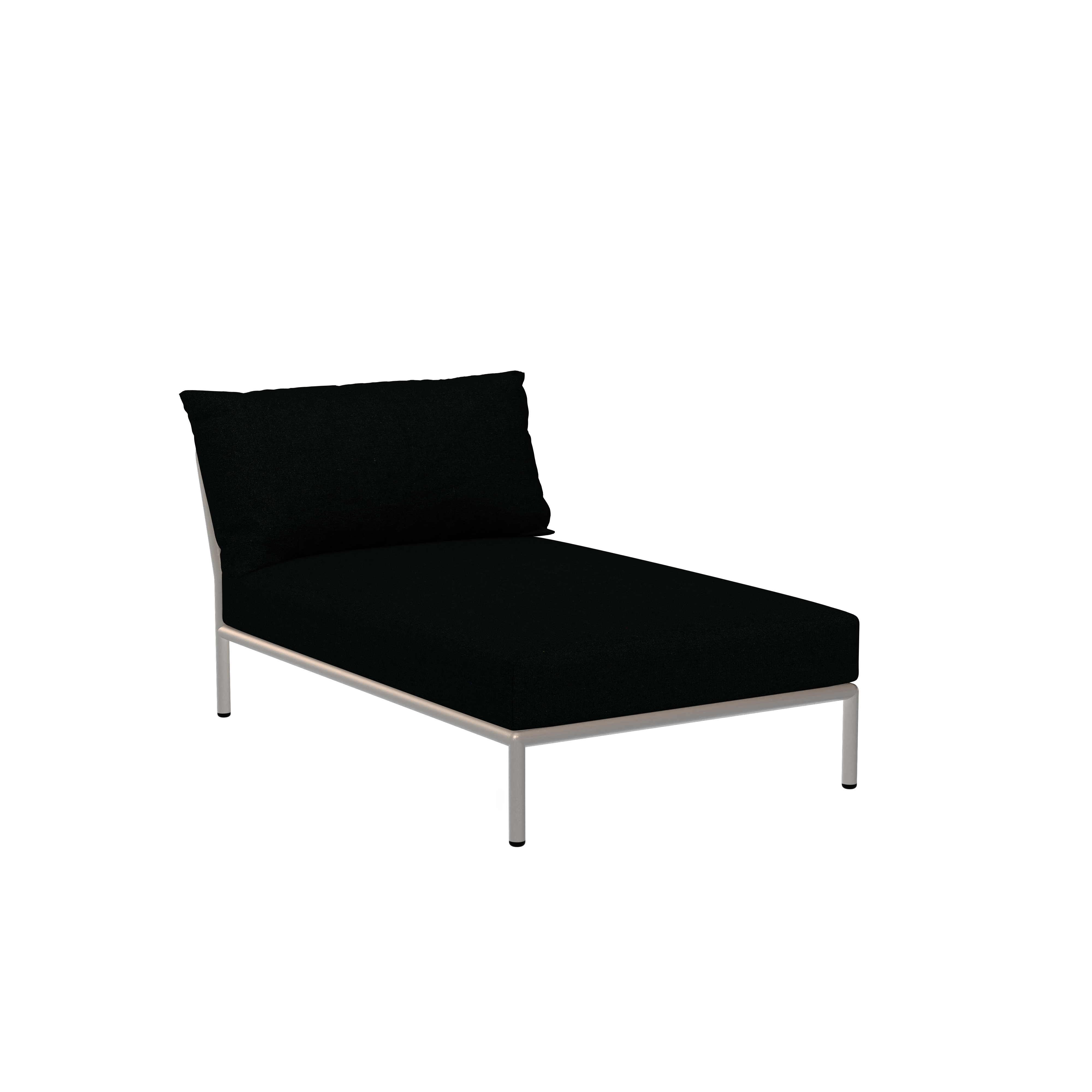 The Level Chaiselongue by Houe is a minimalist black chaise lounge with a powder-coated aluminum frame and matching cushion and backrest in durable Sunbrella fabric, all set against a solid black background.