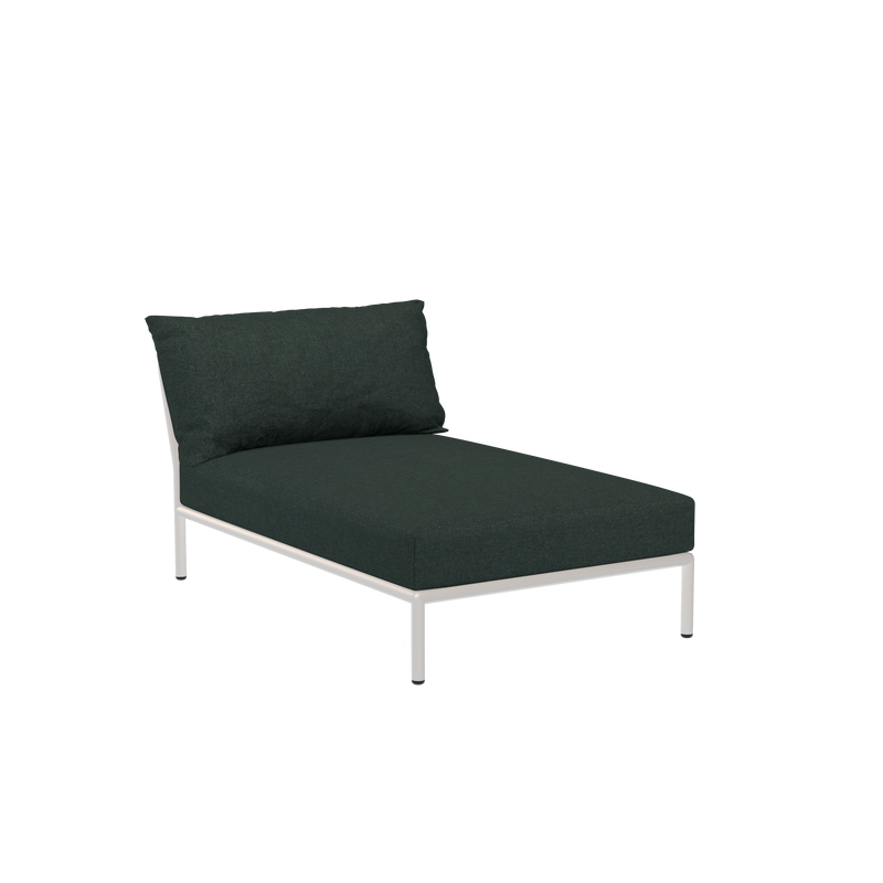 The Level Chaiselongue by Houe is a minimalist black chaise lounge with a powder-coated aluminum frame and matching cushion and backrest in durable Sunbrella fabric, all set against a solid black background.