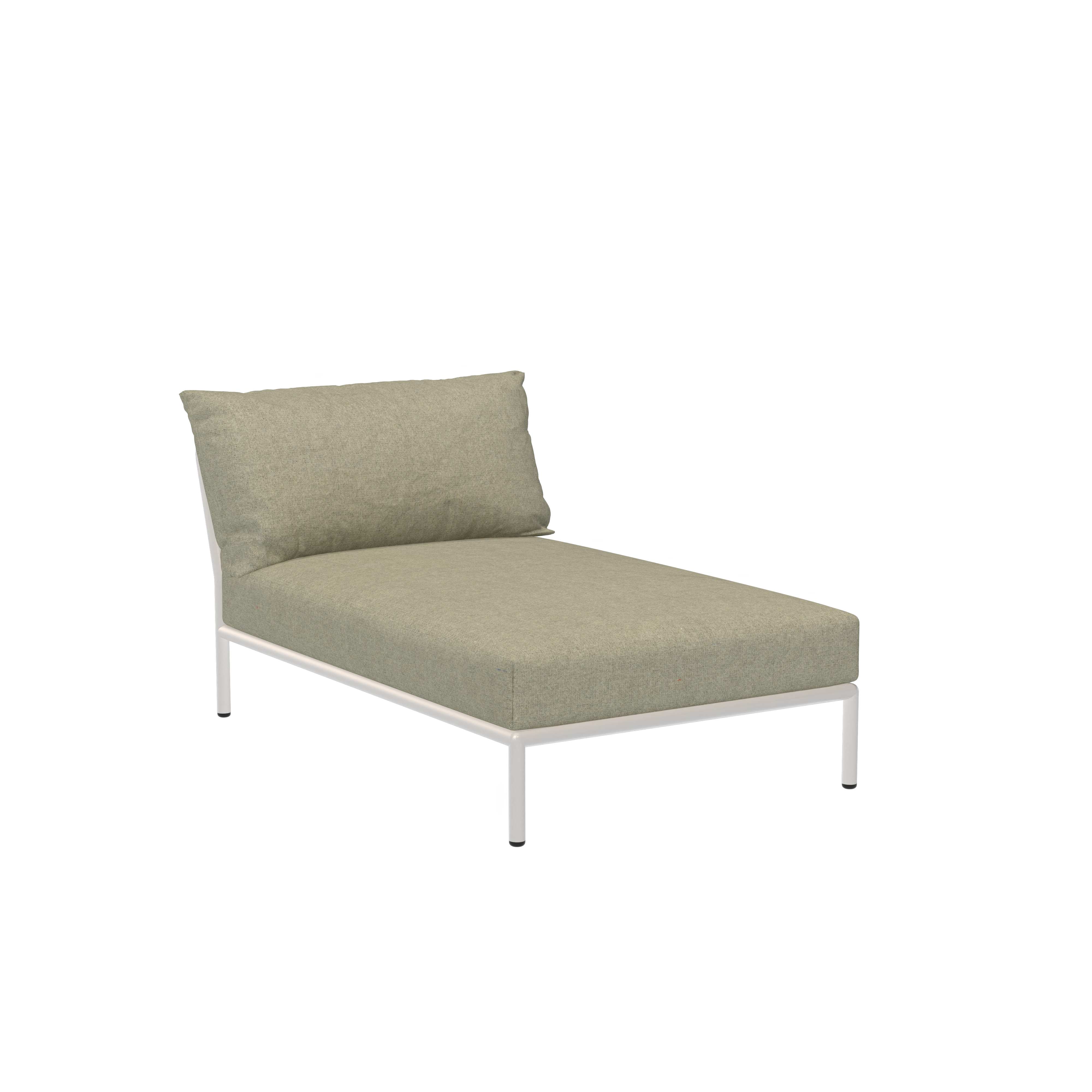 The Houe Level Chaiselongue is a modern, minimalist chaise lounge featuring light green Sunbrella fabric cushions on a sleek, powder-coated aluminum frame against a black background.