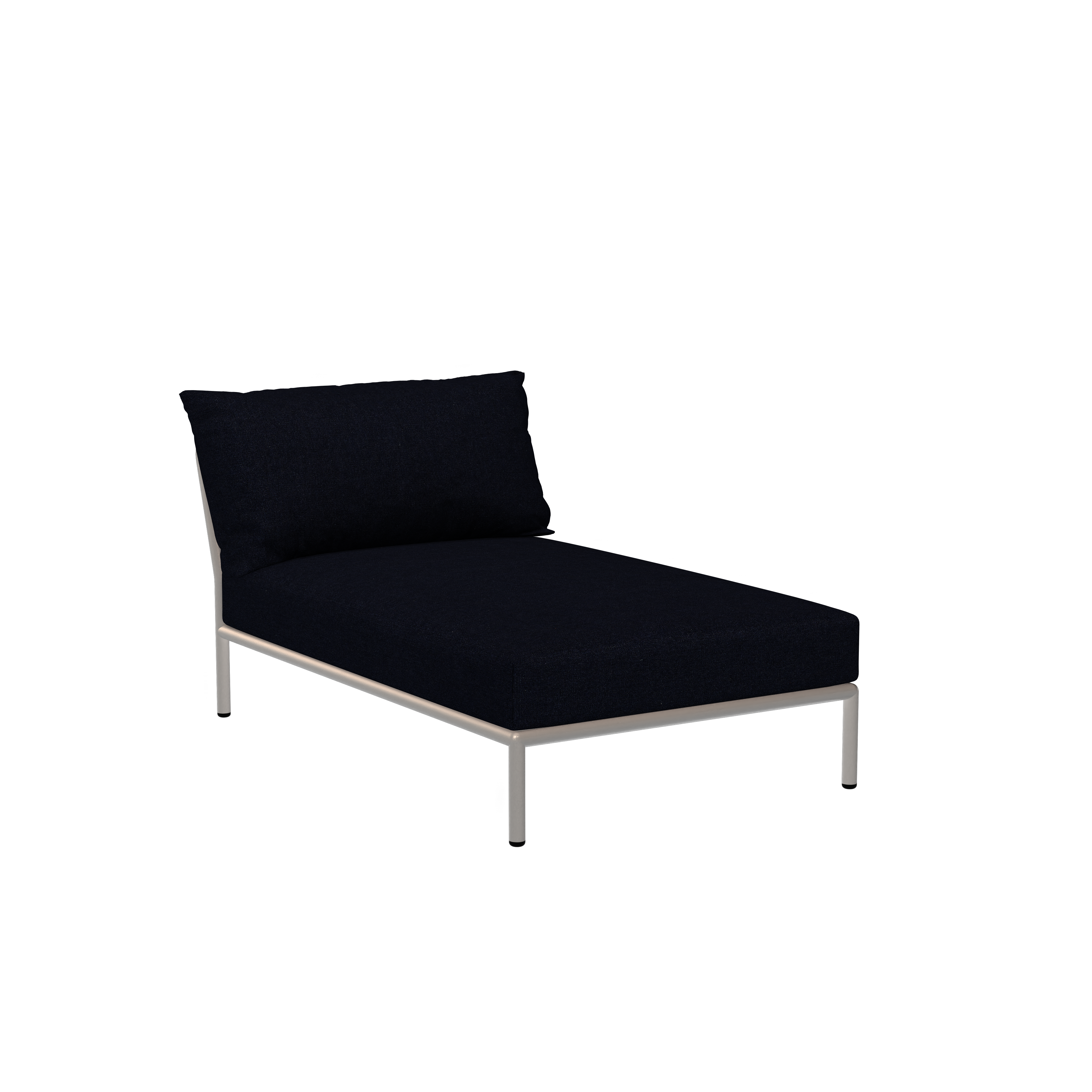 The Level Chaiselongue by Houe features a Sunbrella fabric black cushioned seat and a backrest on a sleek powder-coated aluminum frame set against a plain black background.
