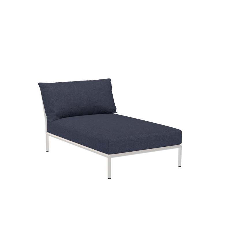 The Level Chaiselongue by Houe features a Sunbrella fabric black cushioned seat and a backrest on a sleek powder-coated aluminum frame set against a plain black background.
