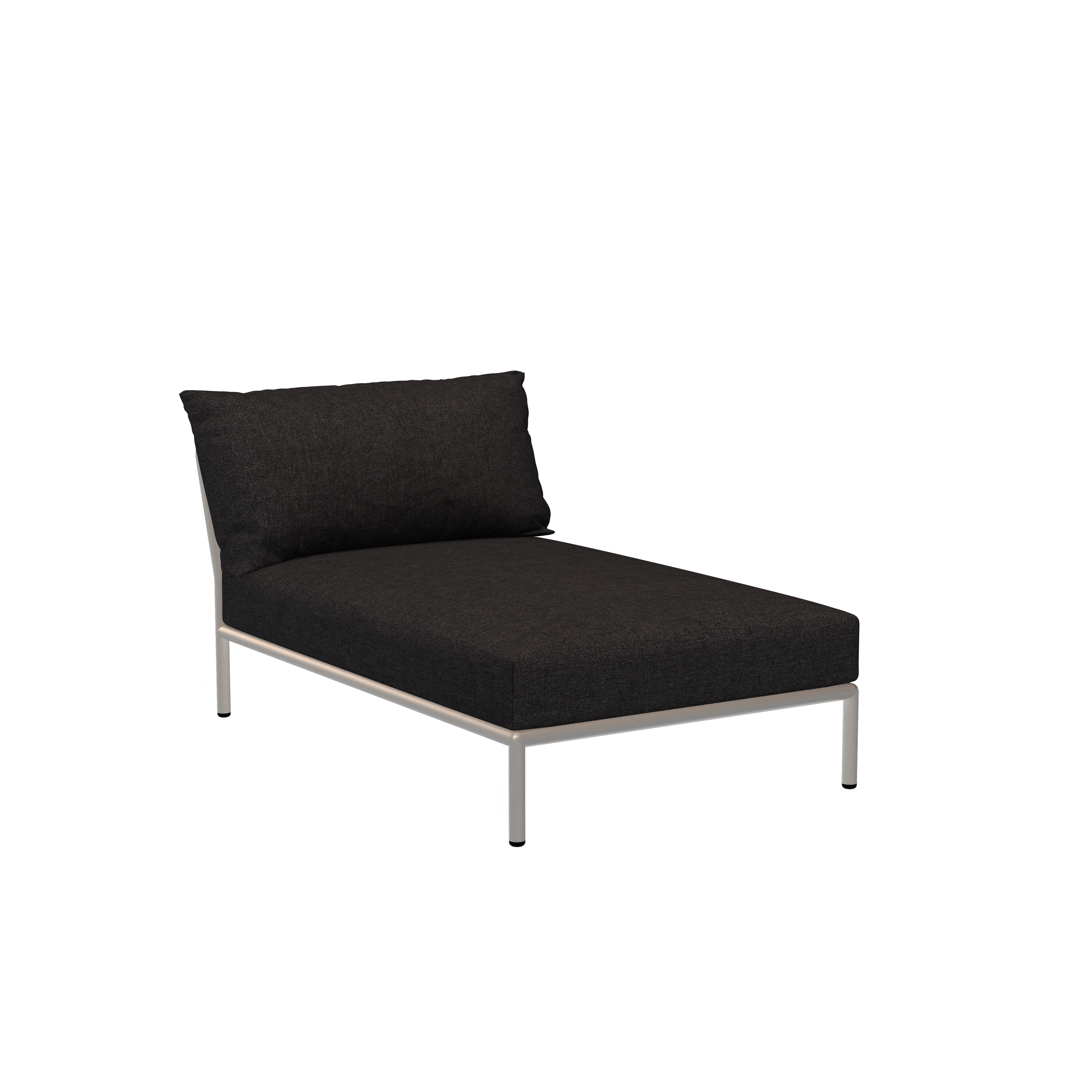 The Houe Level Chaiselongue features a minimalist white powder-coated aluminum frame with a padded backrest and dark Sunbrella fabric cushion, set against a black background.