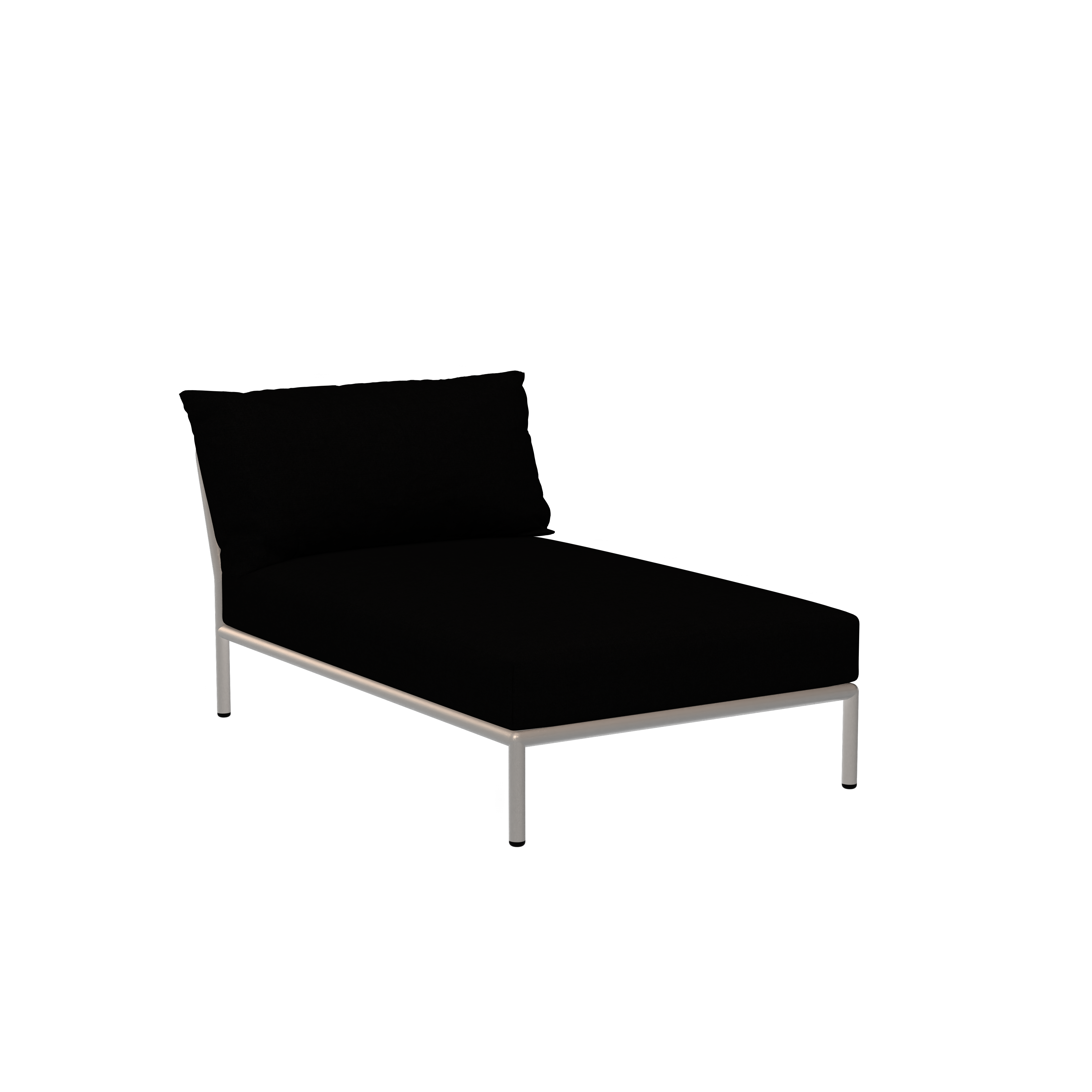 The Houe Level Chaiselongue is a contemporary lounge chair with a minimalist design, featuring a white powder-coated aluminum frame and durable black Sunbrella fabric cushions, set against a solid black background.