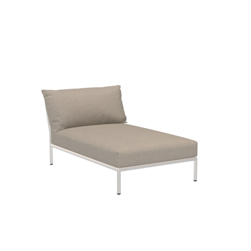 The Level Chaiselongue by Houe is a modern beige chaise lounge featuring a white powder-coated aluminum frame, cushioned Sunbrella fabric backrest and seat for comfort and relaxation, with a sleek, minimalist look.