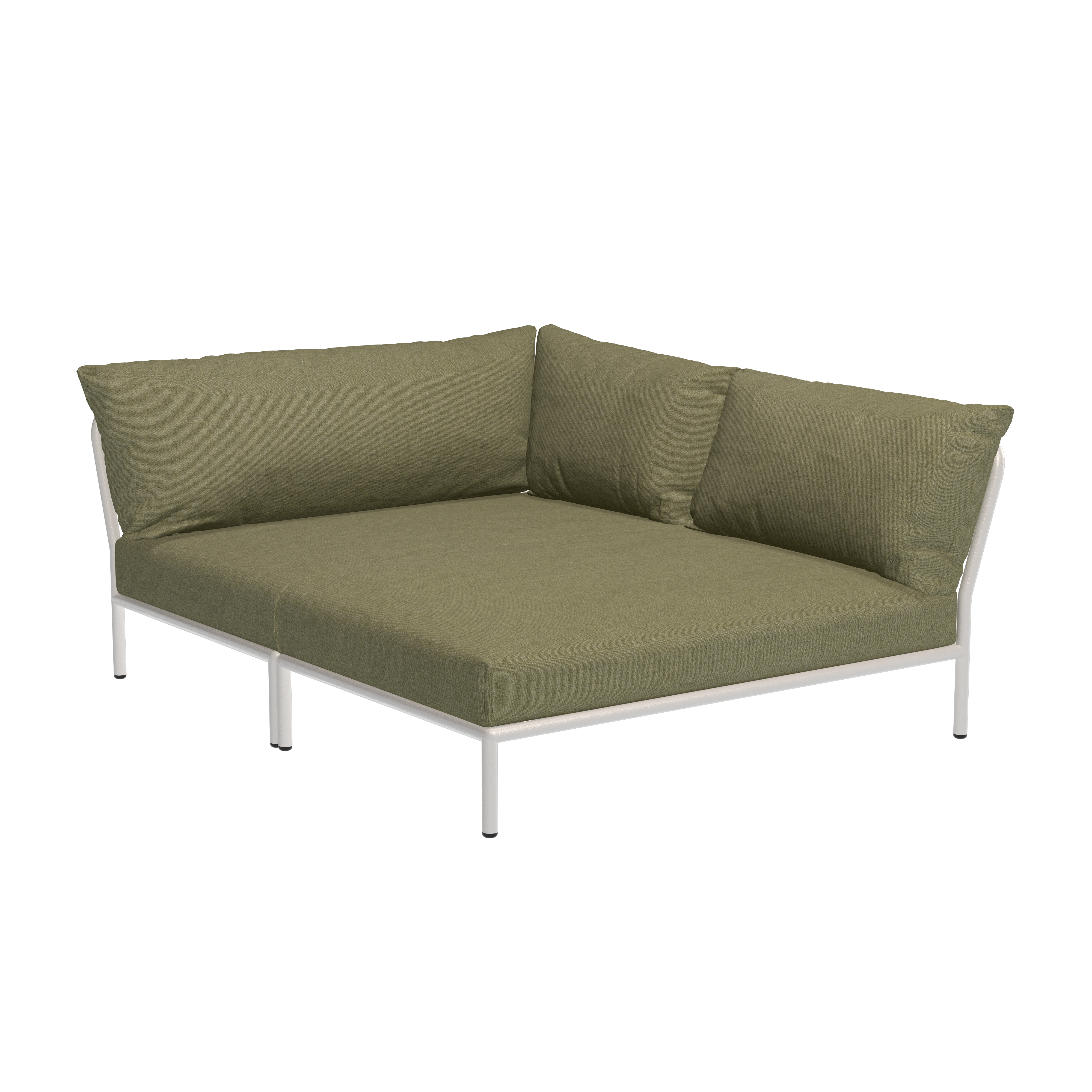 The Level Cozy Corner by Houe is a green sectional sofa with a minimalist design, featuring a powder-coated aluminum frame and plush cushions. It boasts a modern, compact shape and water-repellent fabric, making it ideal for small living spaces or outdoor areas.