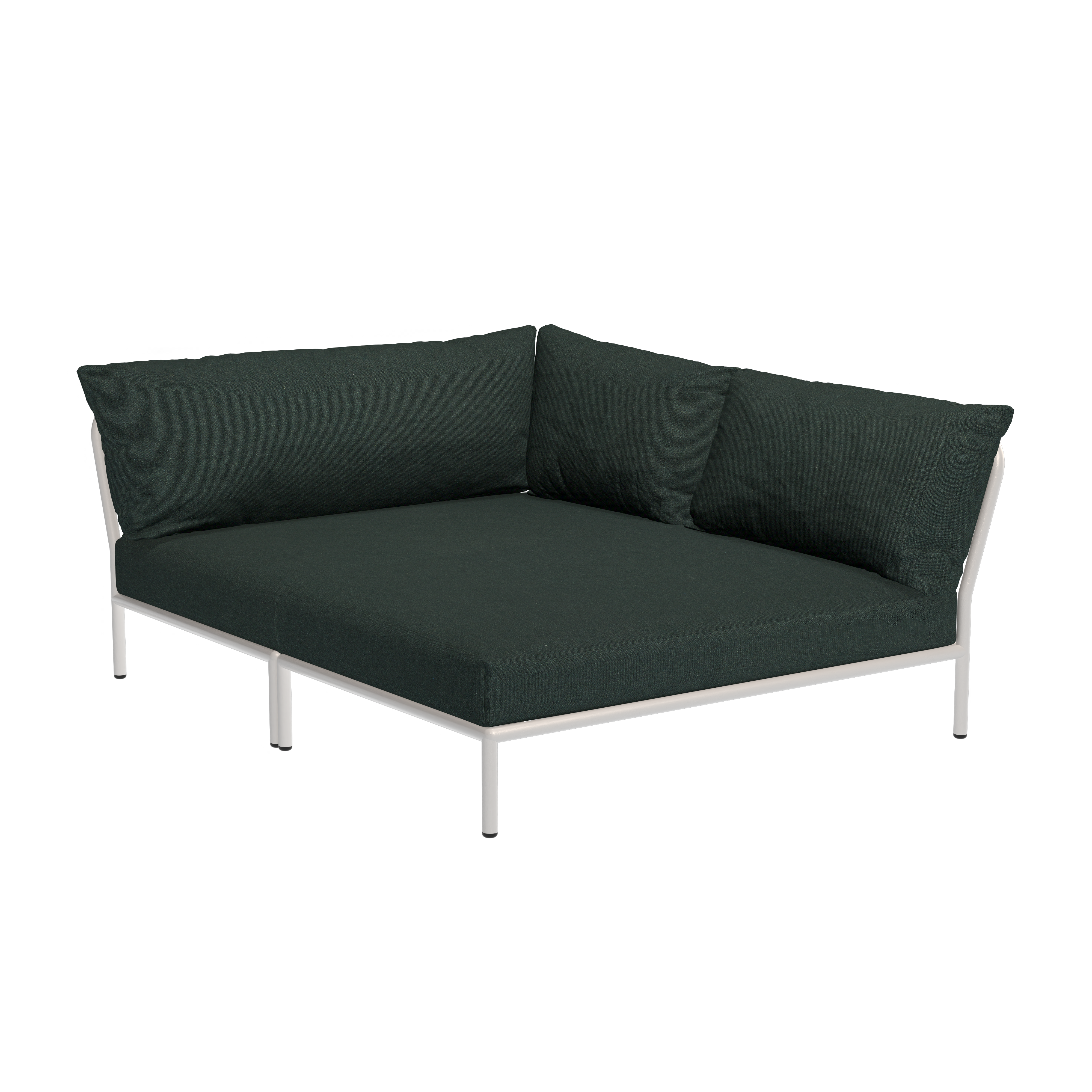 The Houe Level Cozy Corner is a modern outdoor sectional with a minimalist design, featuring a powder-coated aluminum frame and water-repellent fabric in dark green. Its sleek appearance provides a contemporary look against a plain black background for striking contrast.