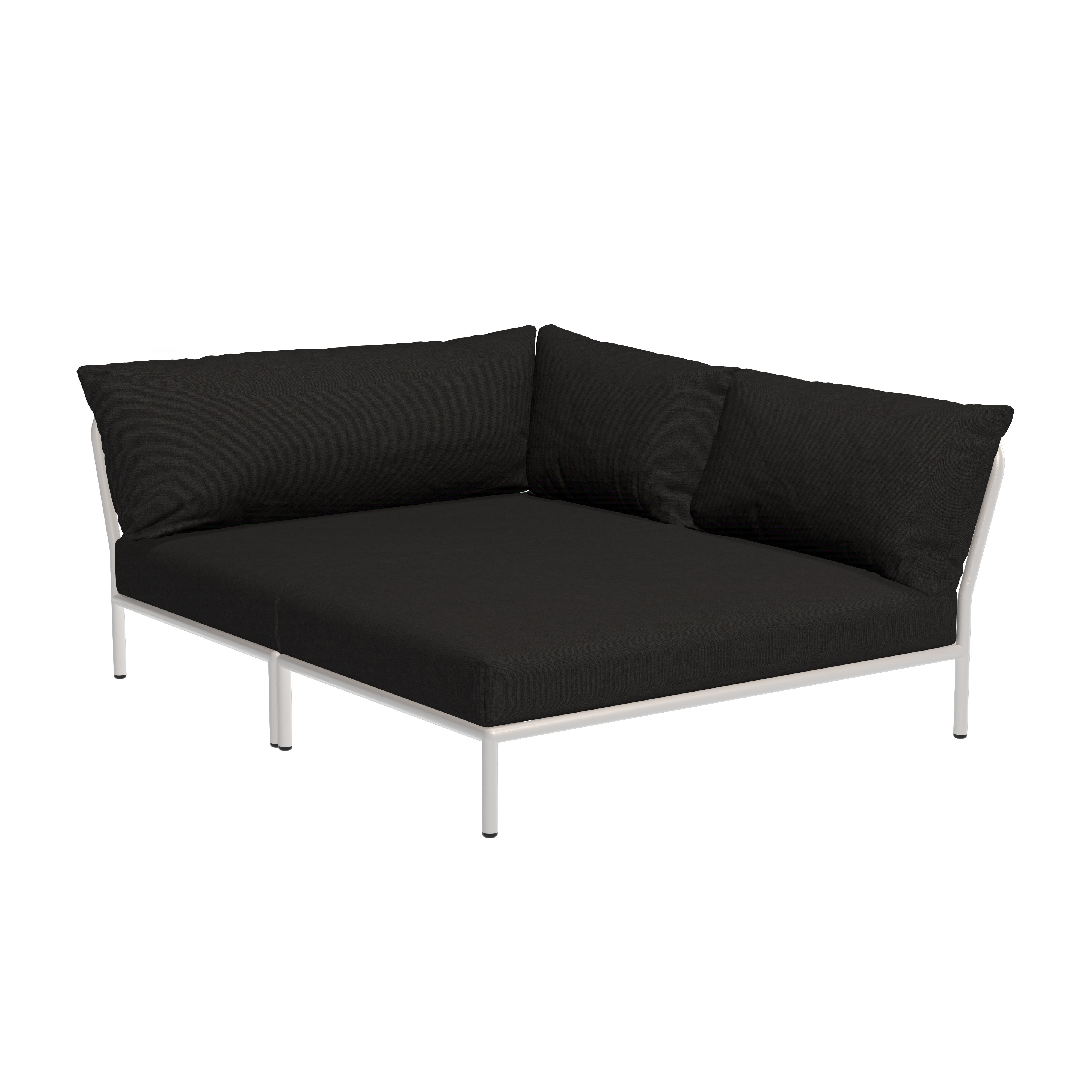 The Level Cozy Corner by Houe is a modern outdoor sofa featuring a white powder-coated aluminum frame with black water-repellent cushions. It showcases a minimalist design with angular lines and thick cushions, ideal for patios or gardens using LEVEL modules.