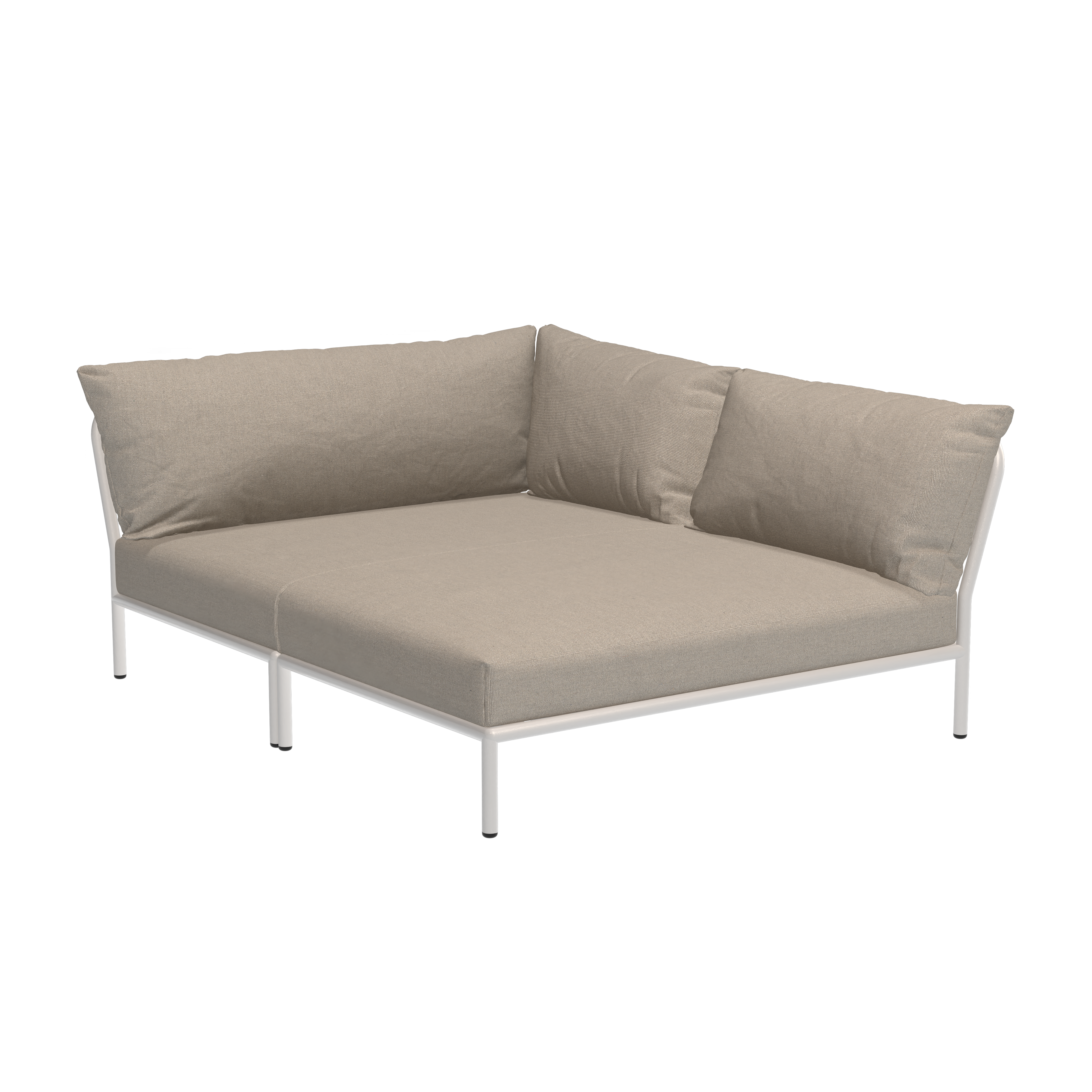 The Houe Level Cozy Corner is a beige L-shaped sectional sofa with a minimalist design, featuring plush cushions and a sturdy frame made from powder-coated aluminum against a sleek black backdrop.