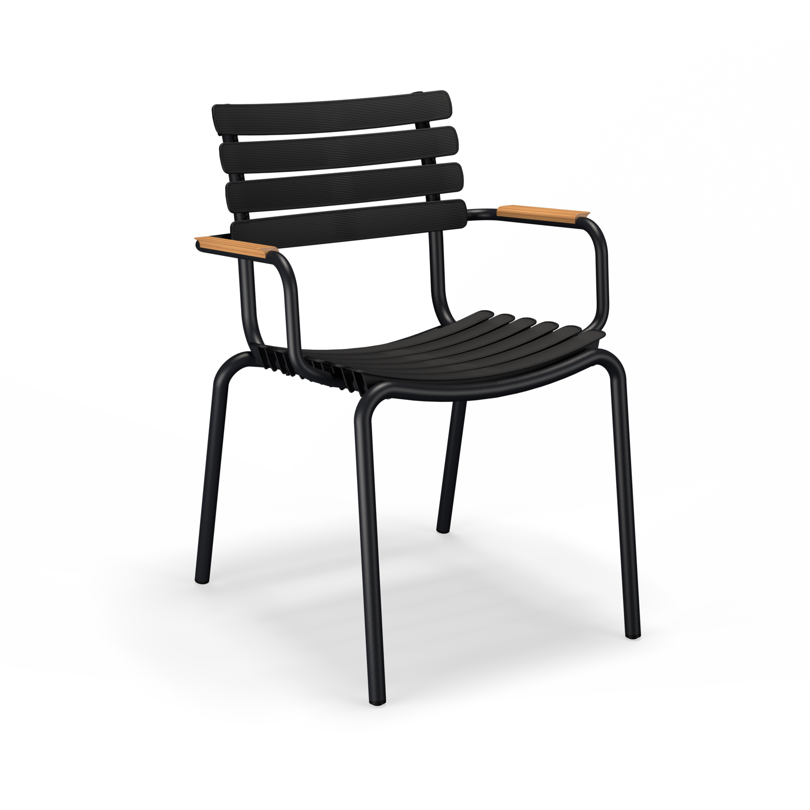 The ReClips Dining Chair with Bamboo Armrest by Houe features a black modern design with slatted plastic lamellas for the seat and back. It includes curved metal armrests accented with natural wood, four straight legs, and embodies true Danish design, blending sleek aesthetics with functional elegance.