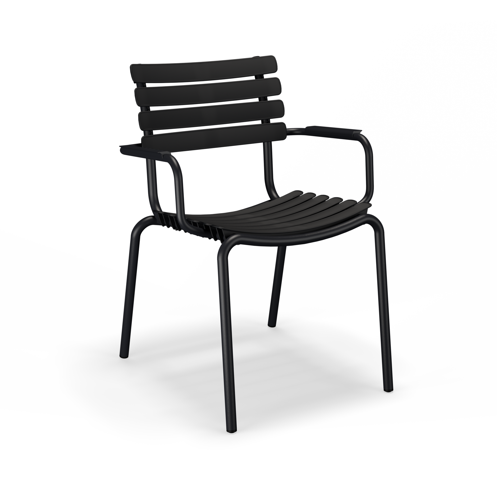 The ReClips Dining Chair by Houe has a slatted backrest and seat with armrests, embodying Danish design. Its modern, minimalist aesthetic is highlighted by four straight legs and a sleek black metal finish.