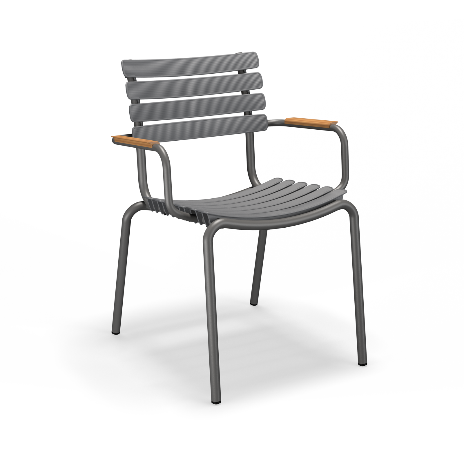 Discover the elegance of Danish design with Houes ReClips Dining Chair, featuring horizontal slats on the backrest and seat. This modern chair combines a dark metal frame, curved armrests, and bamboo accents against a sleek black background.