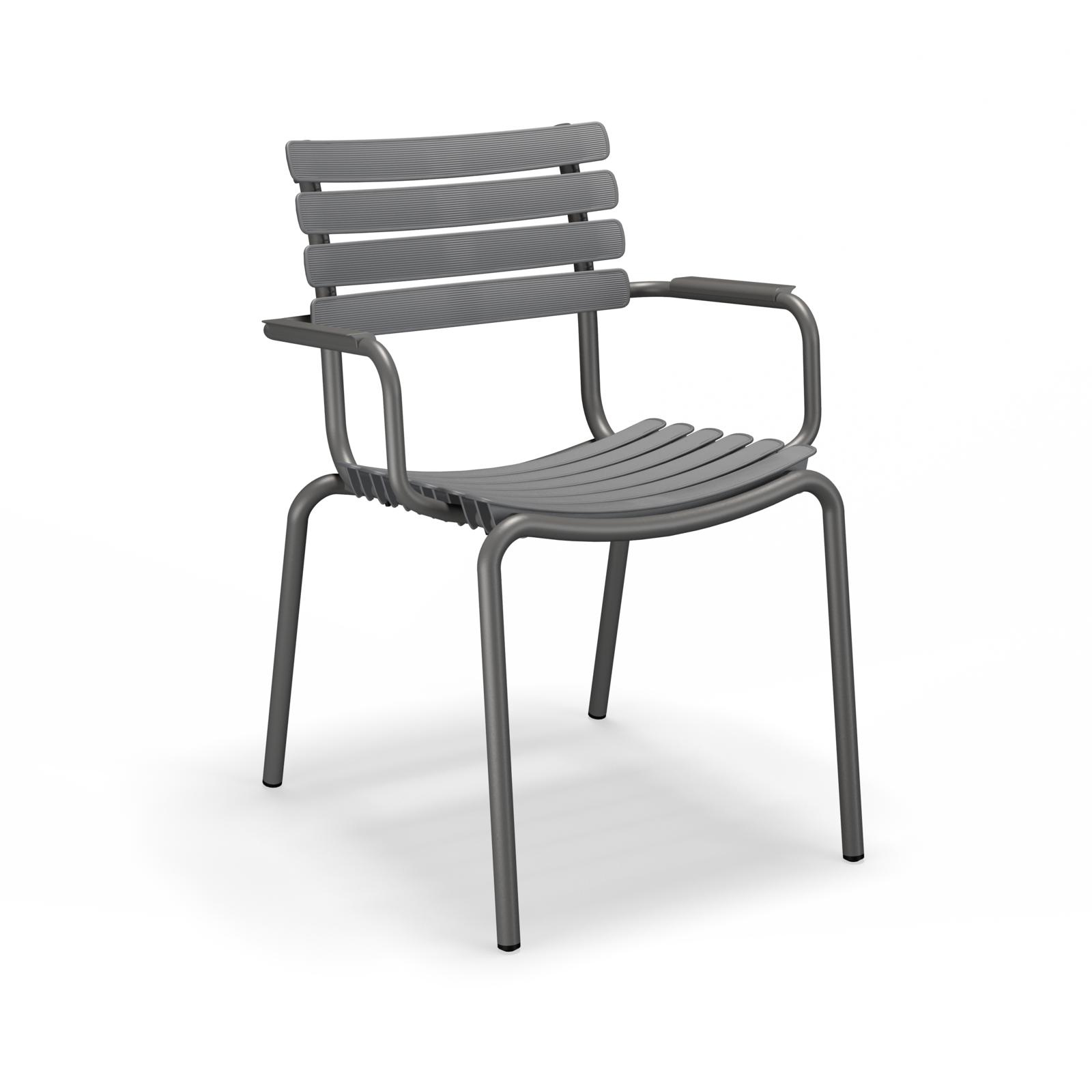 The Houe ReClips Dining Chair features a dark gray color with horizontal slats for the backrest and seat, armrests, and four straight legs. Its minimalist Danish design is highlighted against a solid black background, showcasing an eco-friendly approach inspired by plastic recycling.