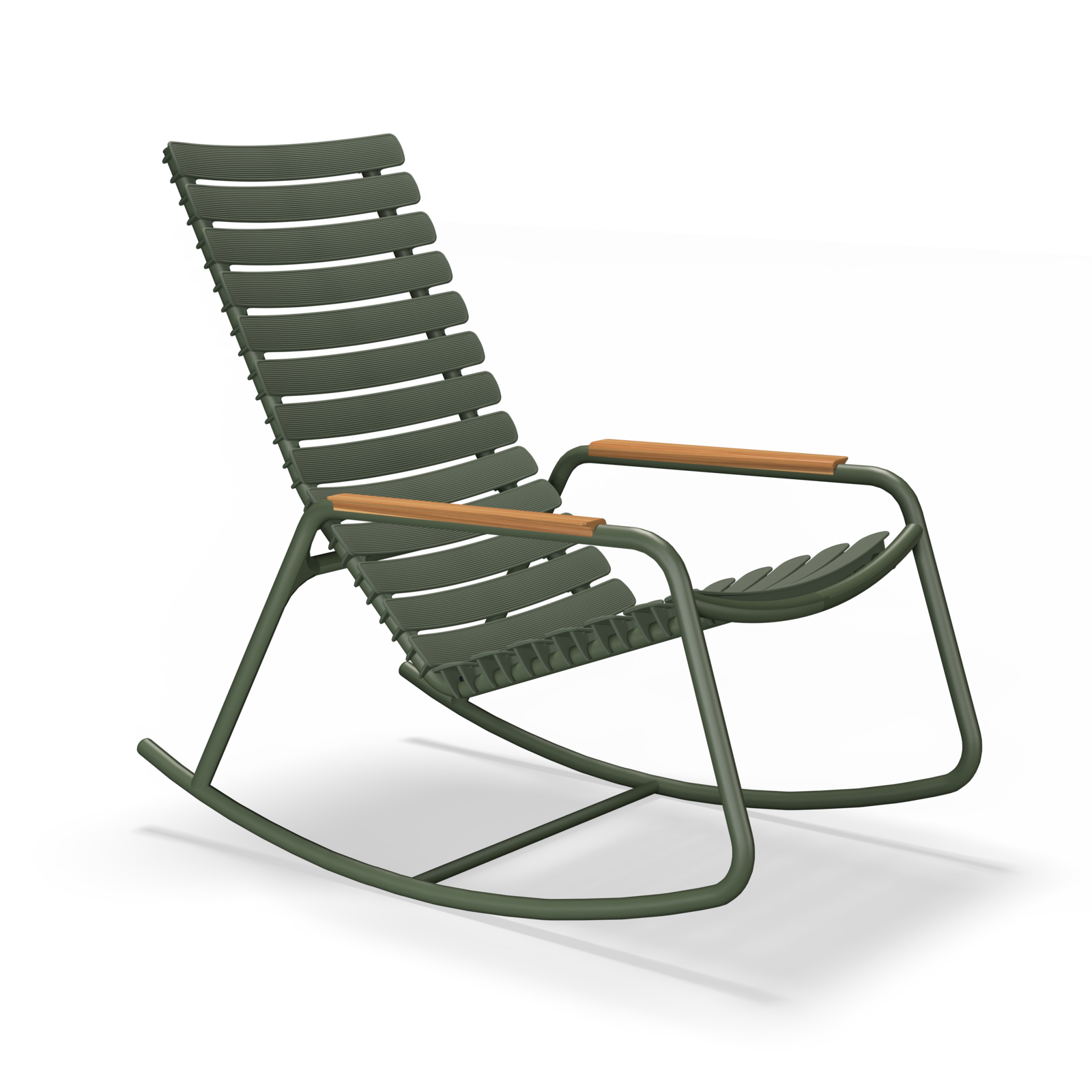 The Houe ReClips Rocking Chair combines modern Danish design with elegance, featuring green metal construction, bamboo armrests, and recycled plastic lamellas. Its minimalist style is complemented by a slatted seat and backrest, supported by curved rocking legs for a contemporary flair.