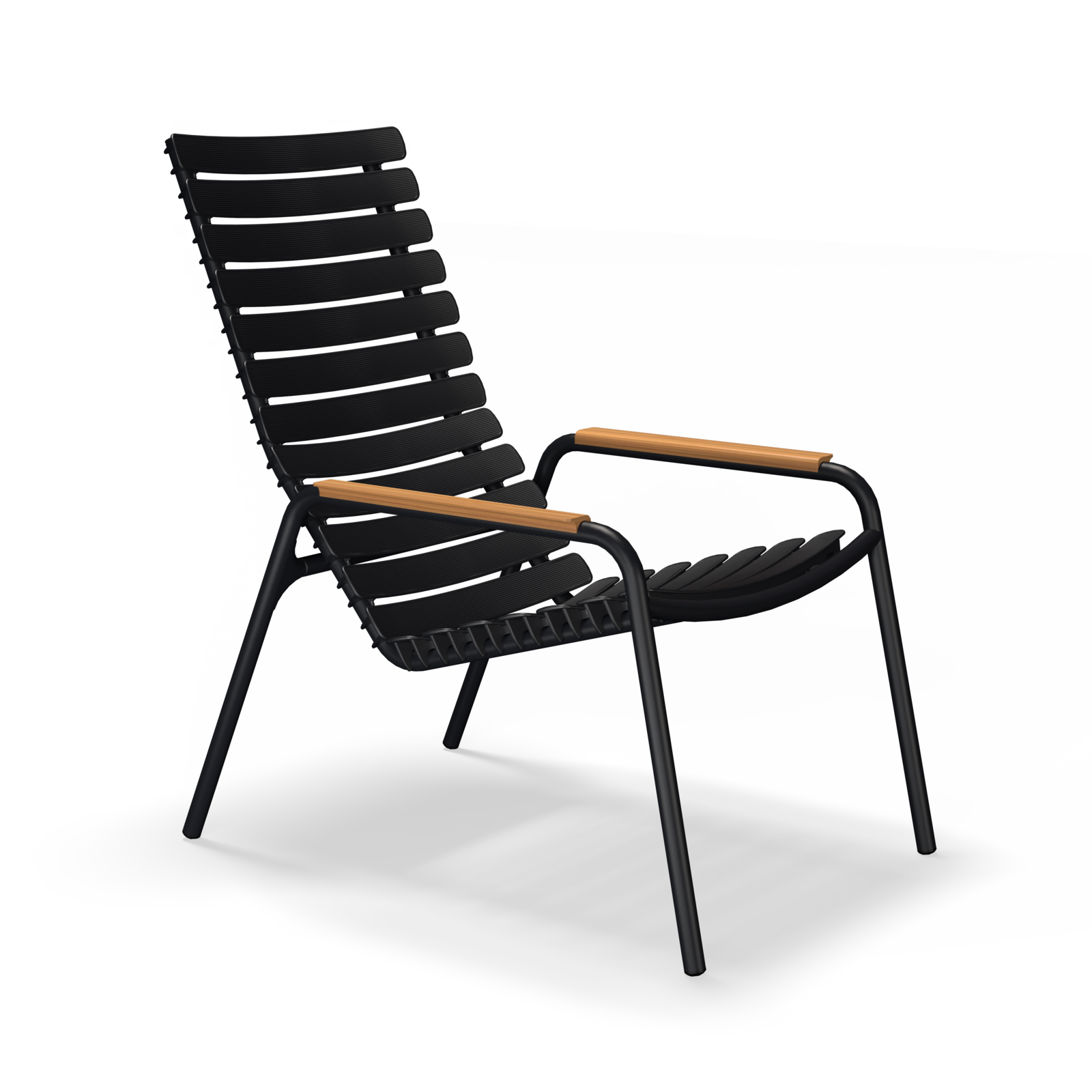 The Houe ReClips Lounge Chair features a sleek, black powder-coated aluminum frame with bamboo armrests and a slatted back inspired by Danish plastic recycling.