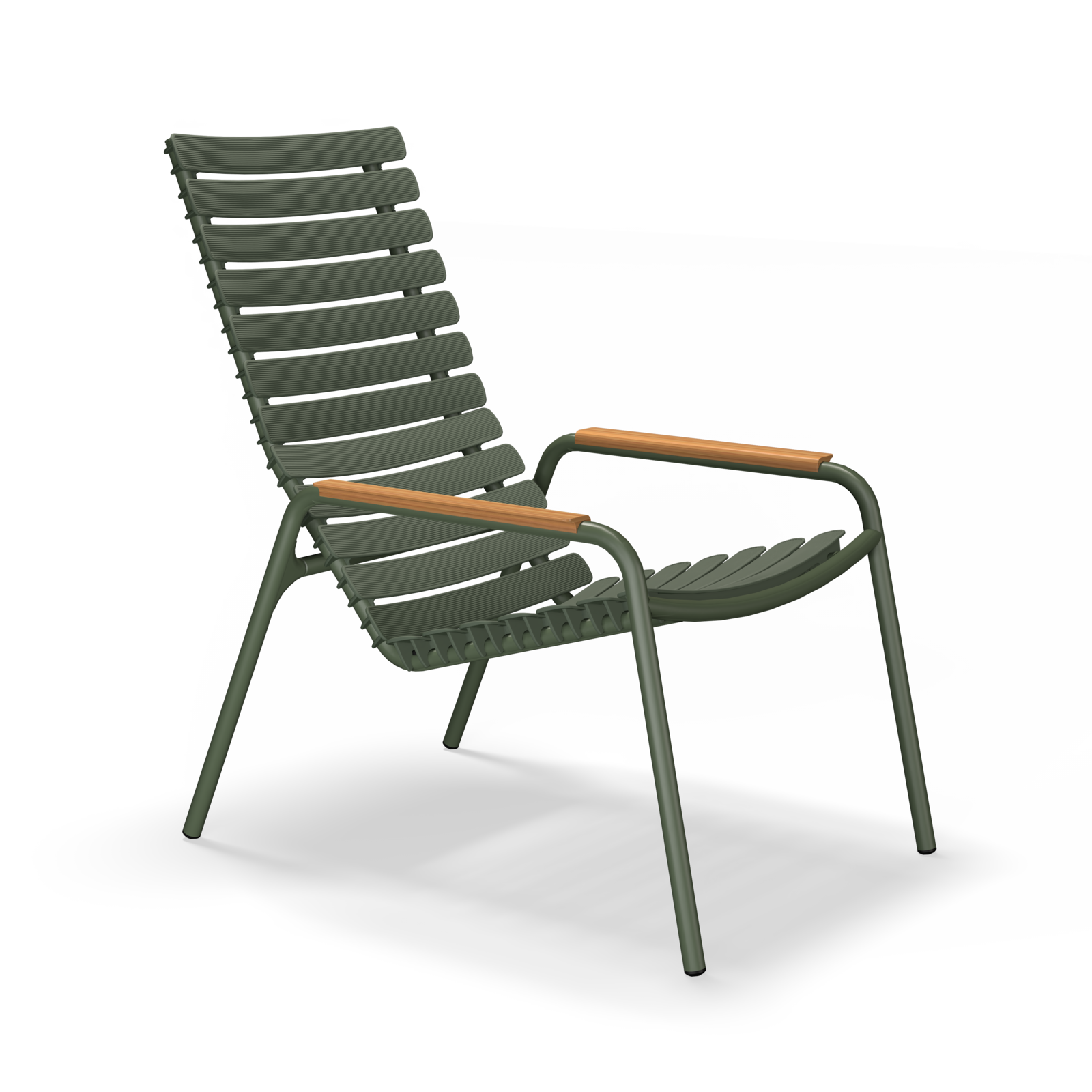 The ReClips Lounge Chair by Houe, in sleek dark green, boasts a powder-coated aluminum frame with a slatted design. It features curved legs and bamboo-finished armrests for a modern, minimalist look against a plain black backdrop.