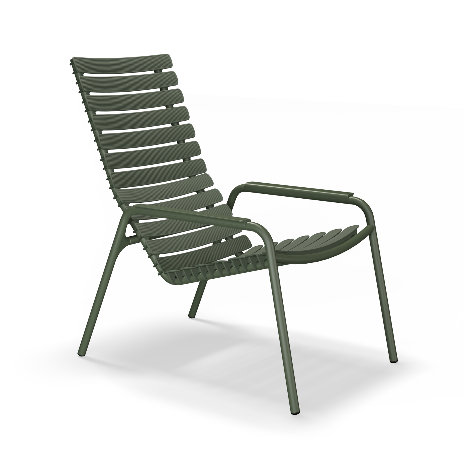 The ReClips Lounge Chair by Houe combines Danish elegance with eco-friendly design, featuring a dark green slatted metal frame, reclined backrest, and armrests. Its sustainable comfort is enhanced by recycled plastic elements against a sleek black theme.