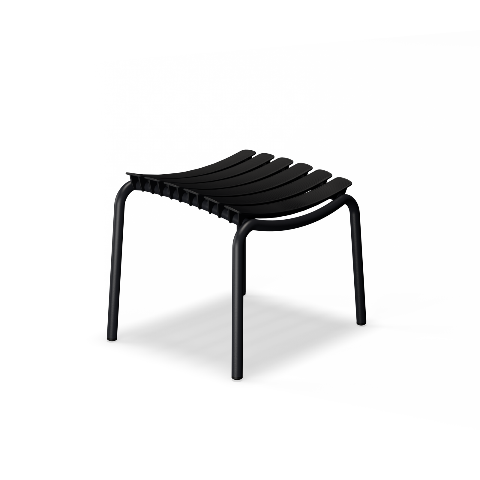 The ReClips Footrest by Houe features a sleek Danish design with a black seat made from recycled plastic and curved slats, supported by four tubular legs. Its weather-resistant qualities make it perfect for versatile use against a dark, minimalist background.