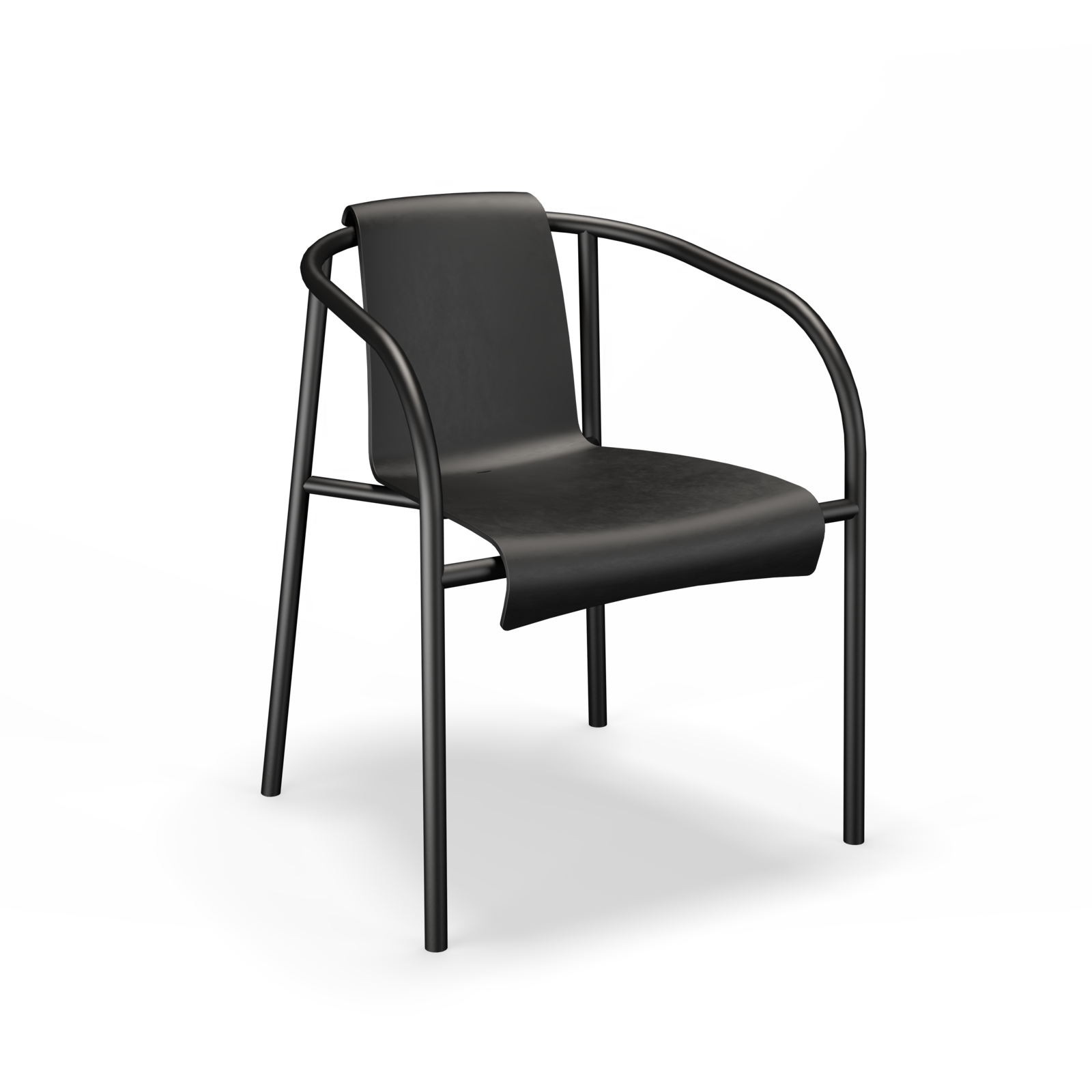 The Nami Dining Chair with Armrest by Houe features a modern black design with a smooth, curved metal frame. Its minimalist look is achieved through a continuous piece of powder-coated steel for the backrest and seat, offering sleek, contemporary appeal ideal for any Danish patio.