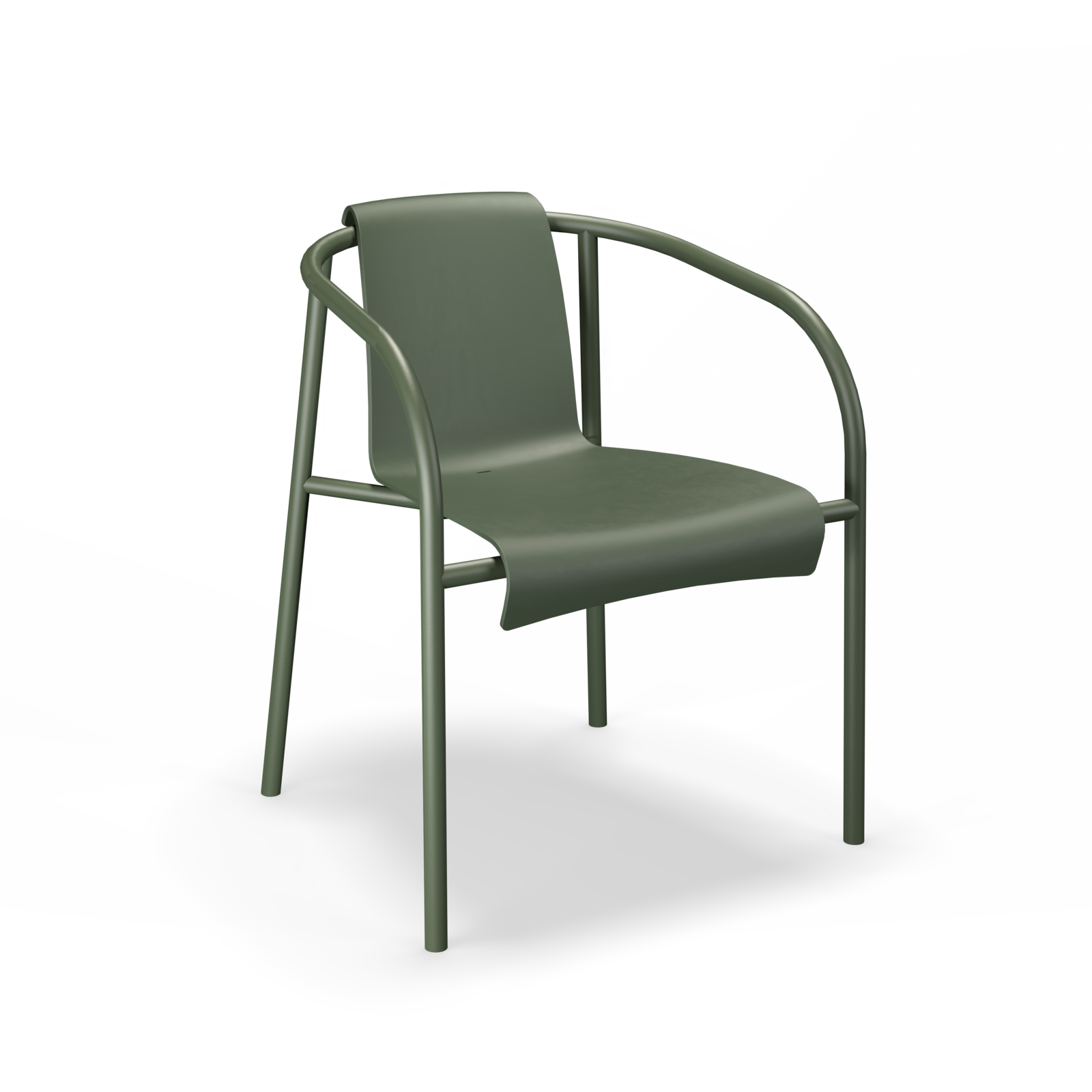 The Nami Dining Chair with Armrest by Houe is a modern green garden chair with a minimalist design. It features a curved backrest and armrests that blend into the powder-coated steel frame, complemented by a slightly curved seat and four straight legs on a black background.
