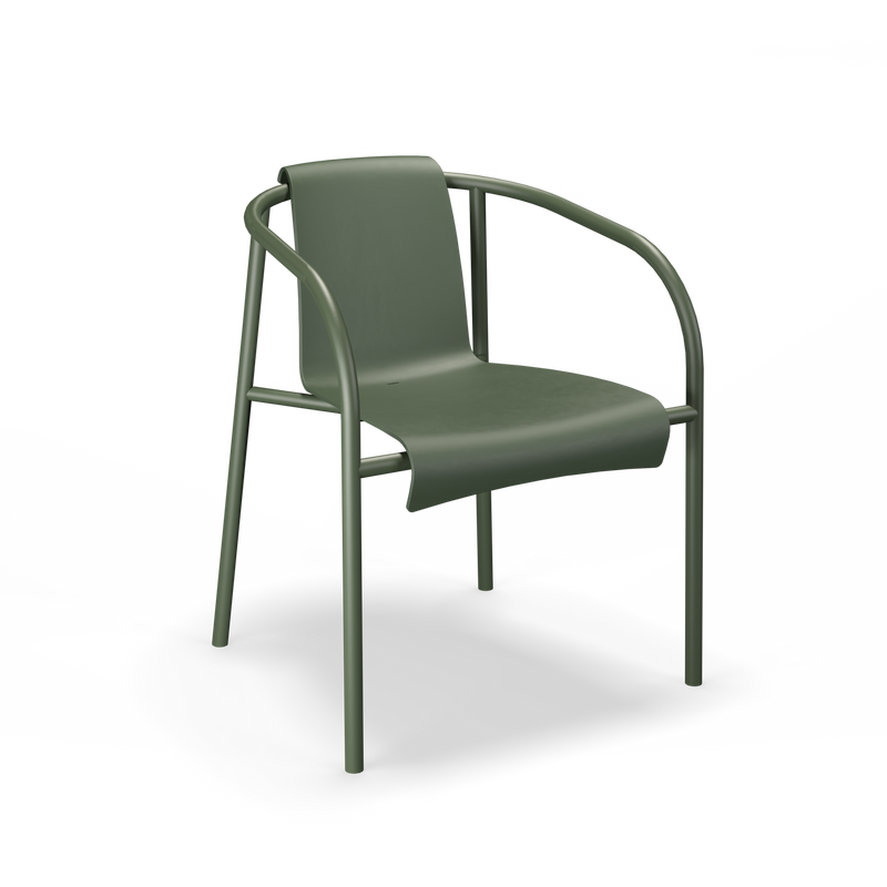 The Nami Dining Chair with Armrest by Houe is a modern green garden chair with a minimalist design. It features a curved backrest and armrests that blend into the powder-coated steel frame, complemented by a slightly curved seat and four straight legs on a black background.