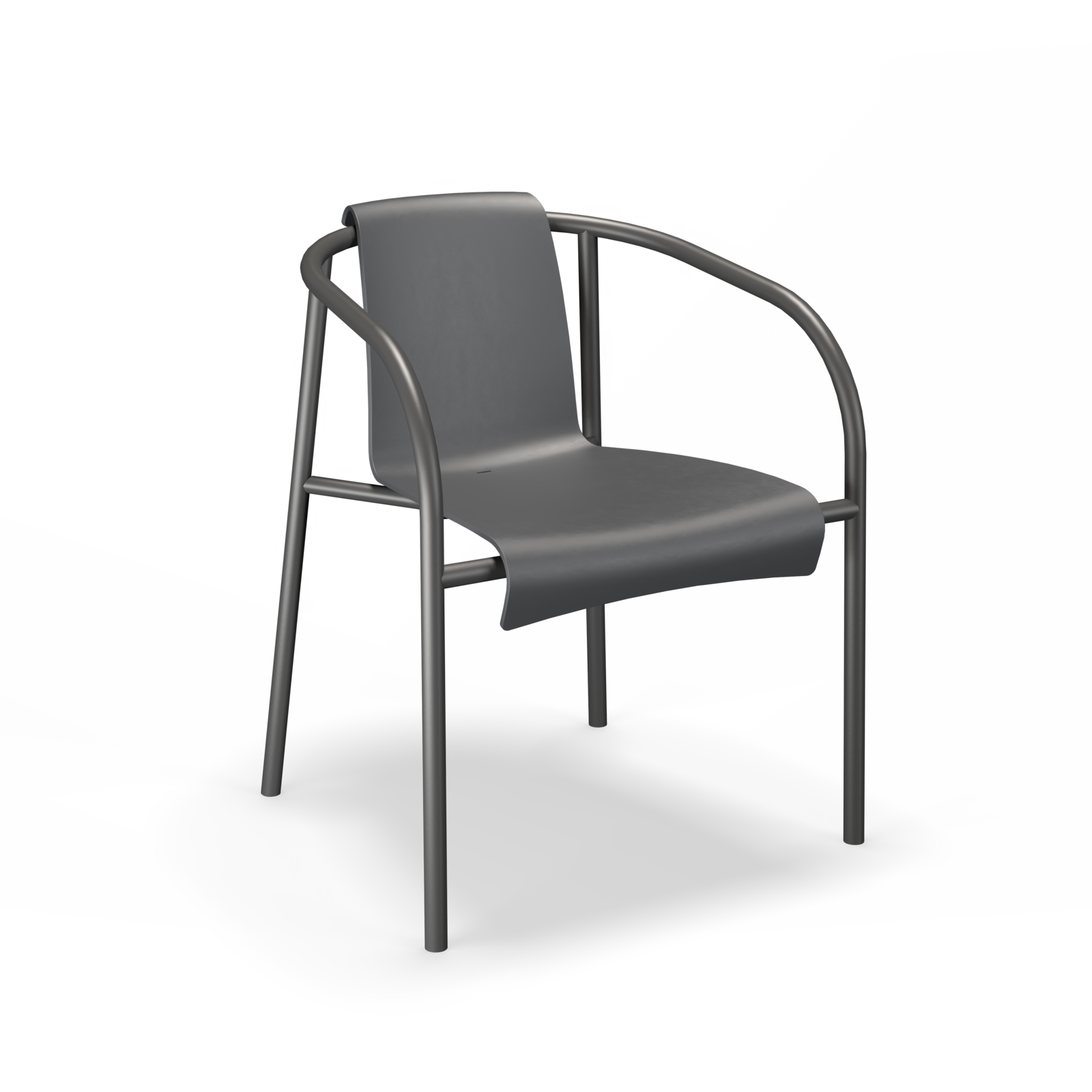 The Nami Dining Chair with Armrest by Houe is a modern, minimalist garden chair featuring a sleek gray seat and backrest. Its continuous powder-coated steel frame forms the legs and armrests, creating a clean design with four slender legs.