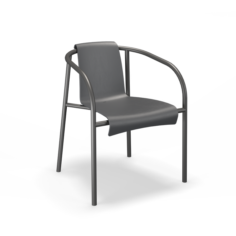 The Nami Dining Chair with Armrest by Houe is a modern, minimalist garden chair featuring a sleek gray seat and backrest. Its continuous powder-coated steel frame forms the legs and armrests, creating a clean design with four slender legs.