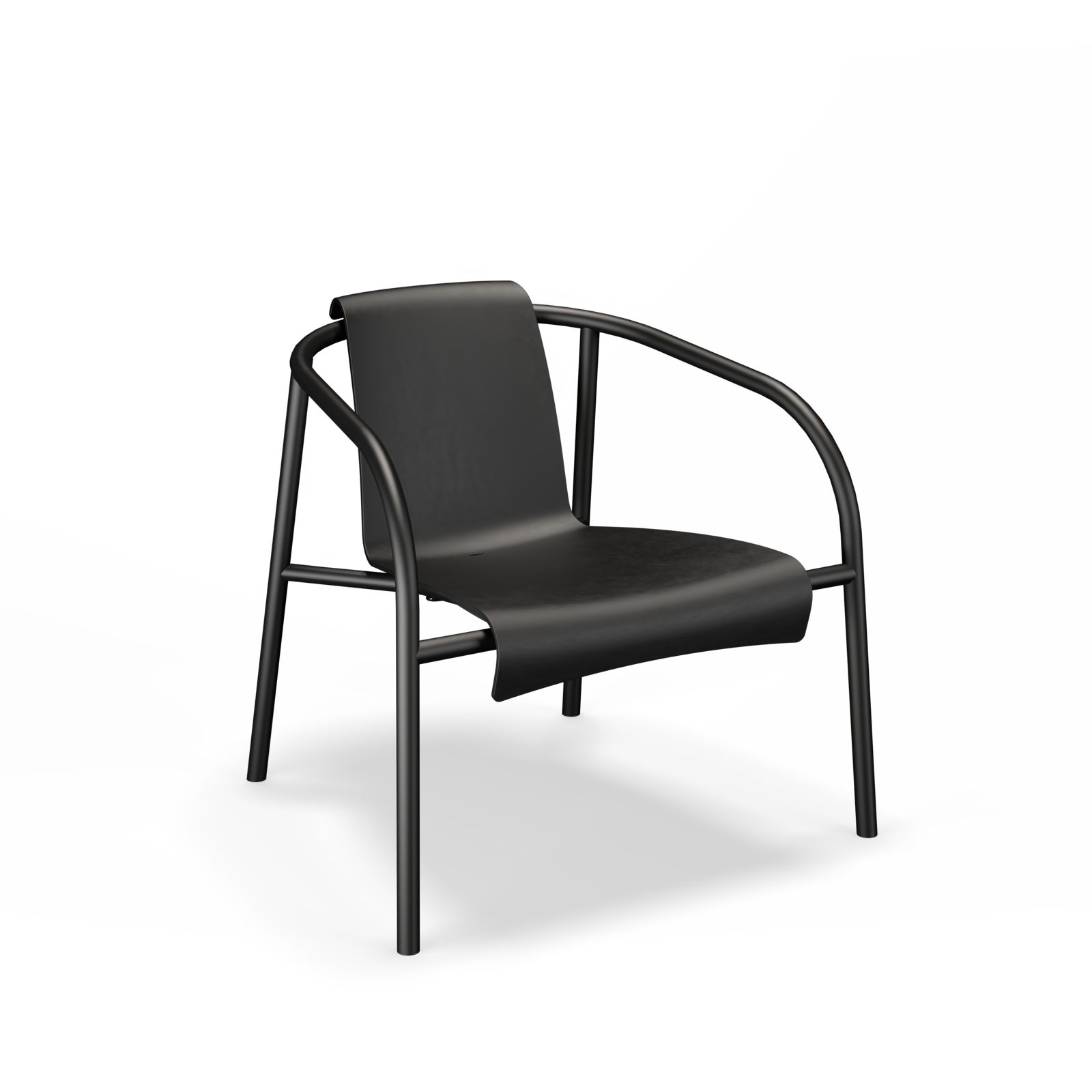 The Nami Lounge Chair by Houe boasts a sleek, minimalist design with a curved backrest and armrests of powder-coated steel. Its smooth, angled seat is crafted from recycled Danish plastic set gracefully against a solid black background.