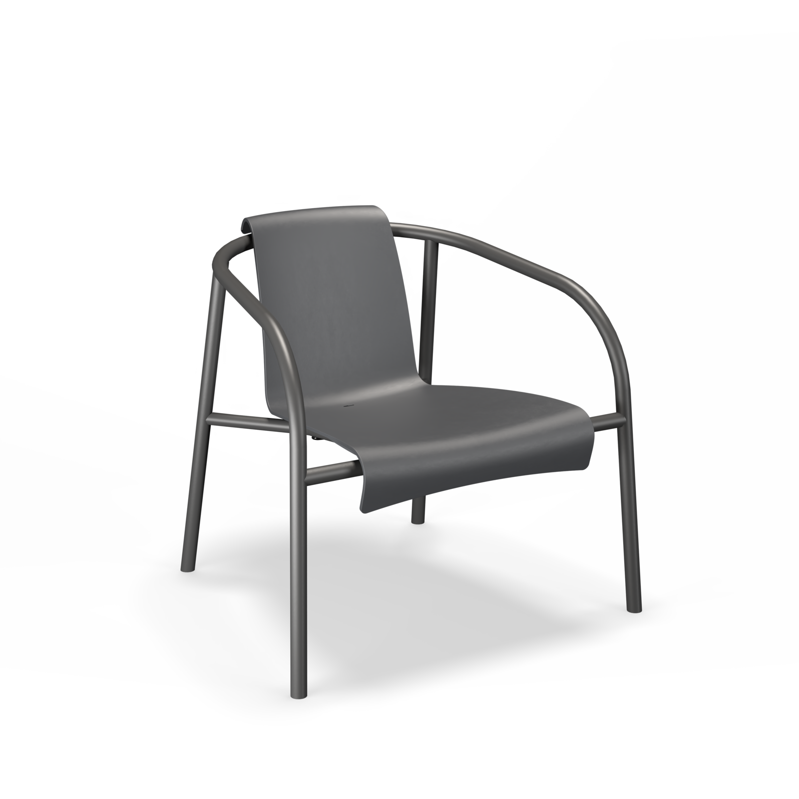 The Nami Lounge Chair by Houe features a minimalist Danish design with a sleek powder-coated steel frame. Its smooth, dark gray seat and backrest are slightly angled, set against a plain black background for an elegant touch.