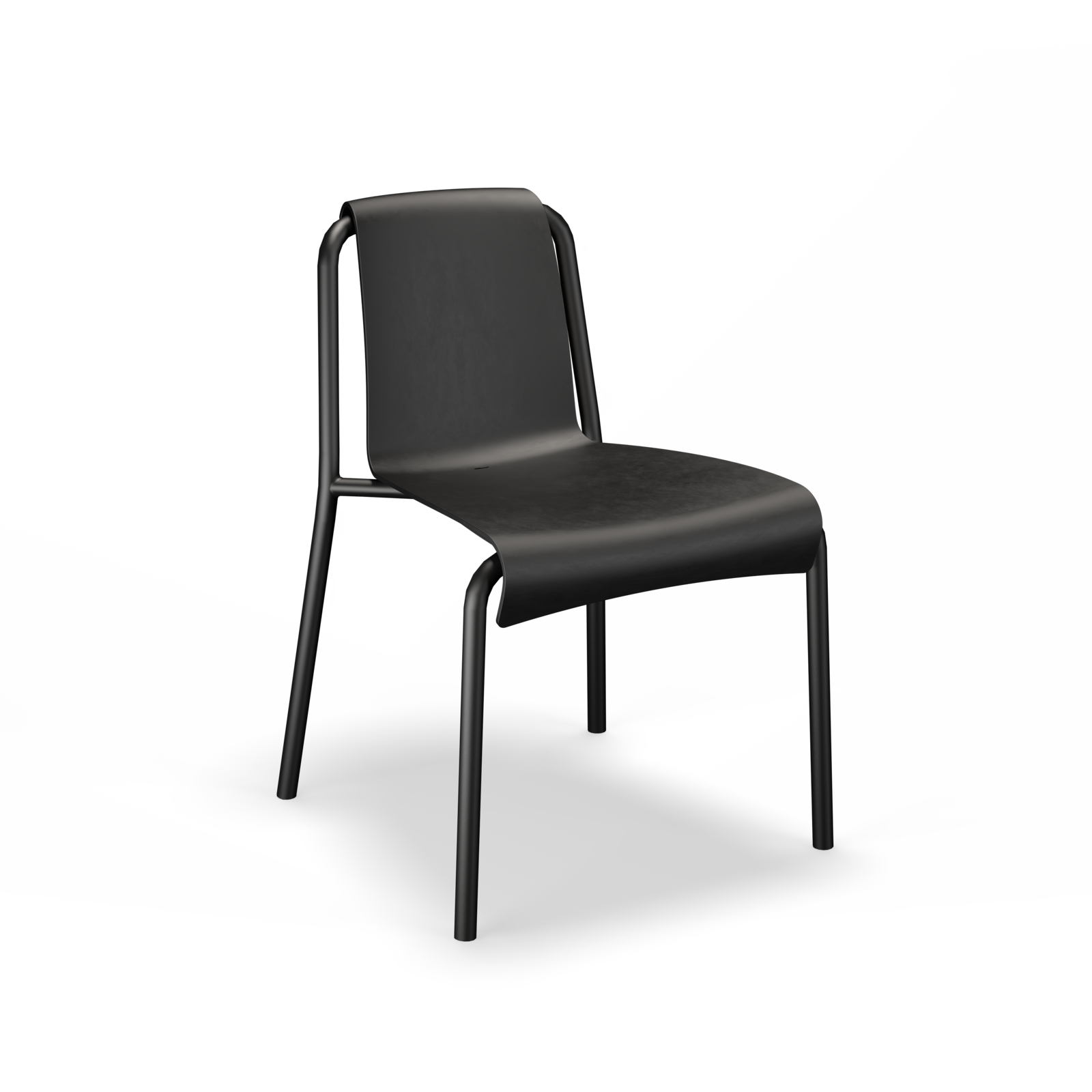 The Nami Dining Chair without Armrest by Houe features a sleek, minimalist design with a curved seat and backrest made from durable Danish household plastic. Its thin, powder-coated steel legs add to its modern aesthetic.
