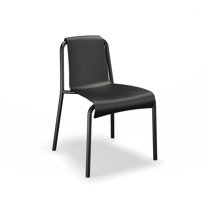 The Nami Dining Chair without Armrest by Houe features a sleek, minimalist design with a curved seat and backrest made from durable Danish household plastic. Its thin, powder-coated steel legs add to its modern aesthetic.